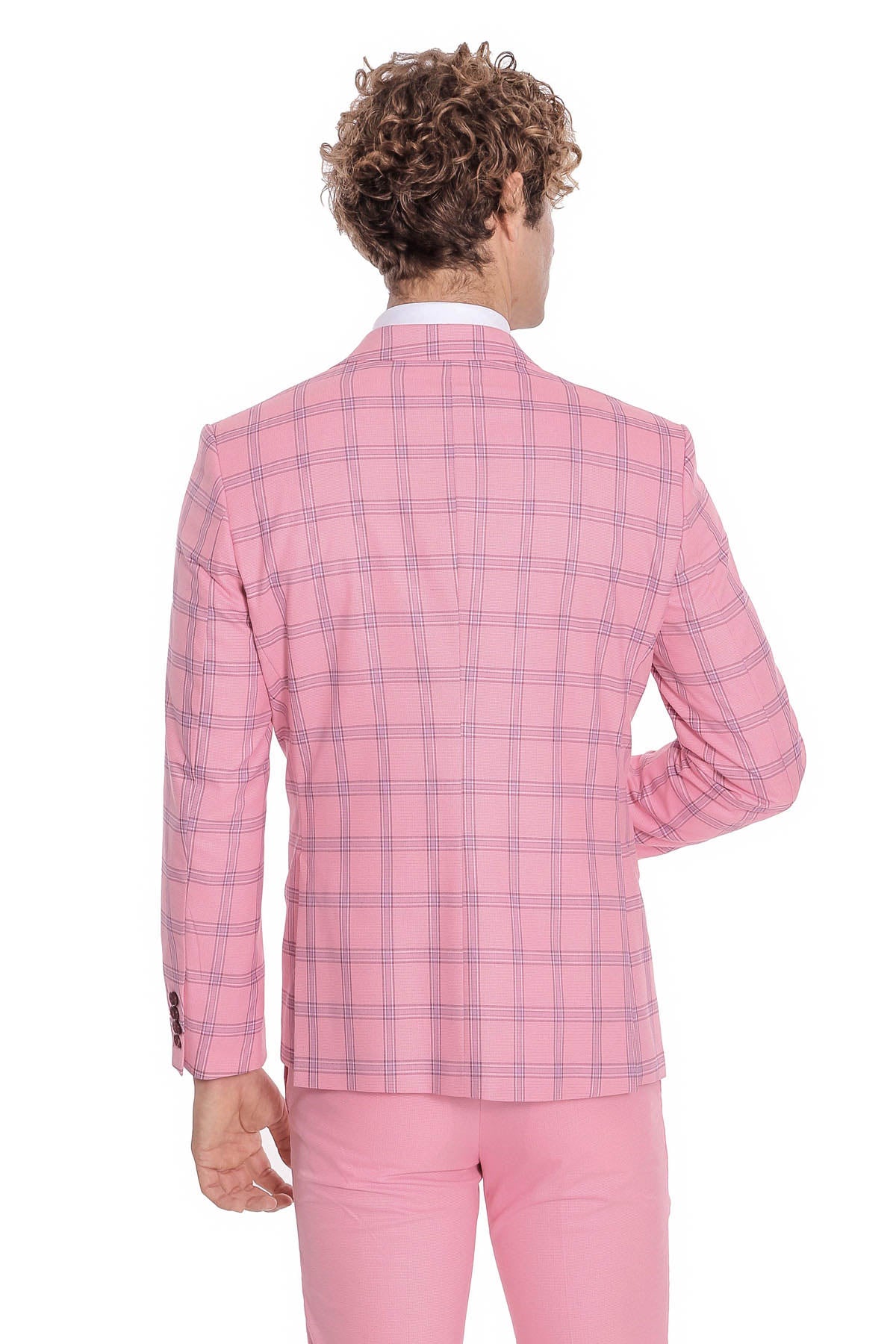 Ekose Ceketli Desenli Slim Fit Pembe Erkek Takım Elbise - Wessi