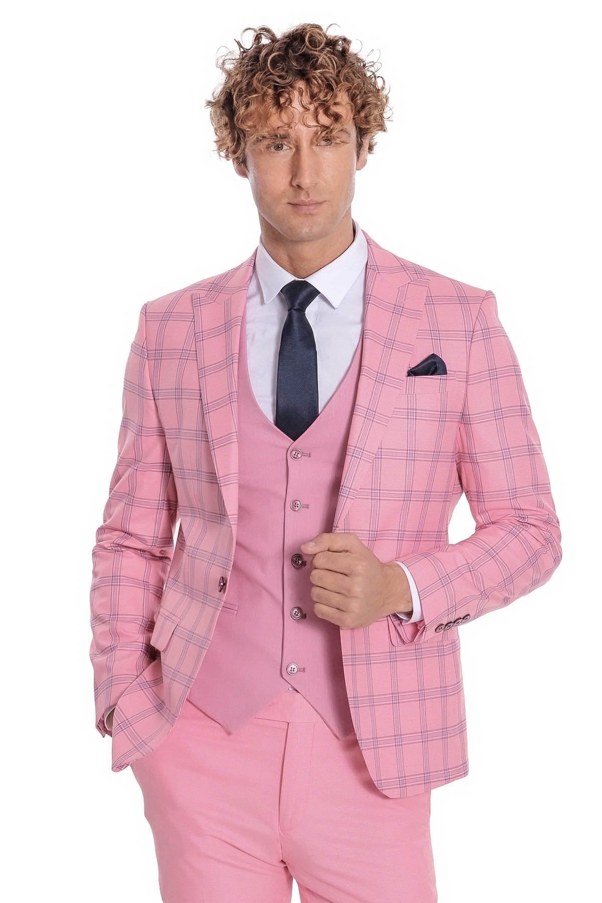 Ekose Ceketli Desenli Slim Fit Pembe Erkek Takım Elbise - Wessi