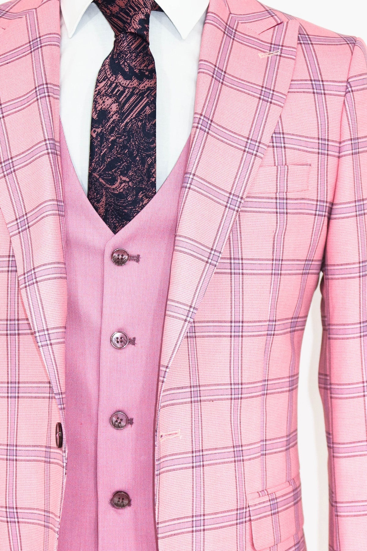 Ekose Ceketli Desenli Slim Fit Pembe Erkek Takım Elbise - Wessi