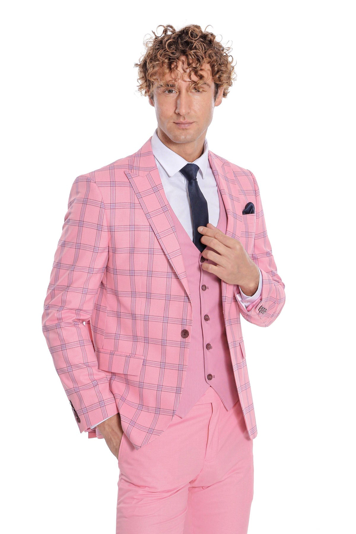 Ekose Ceketli Desenli Slim Fit Pembe Erkek Takım Elbise - Wessi