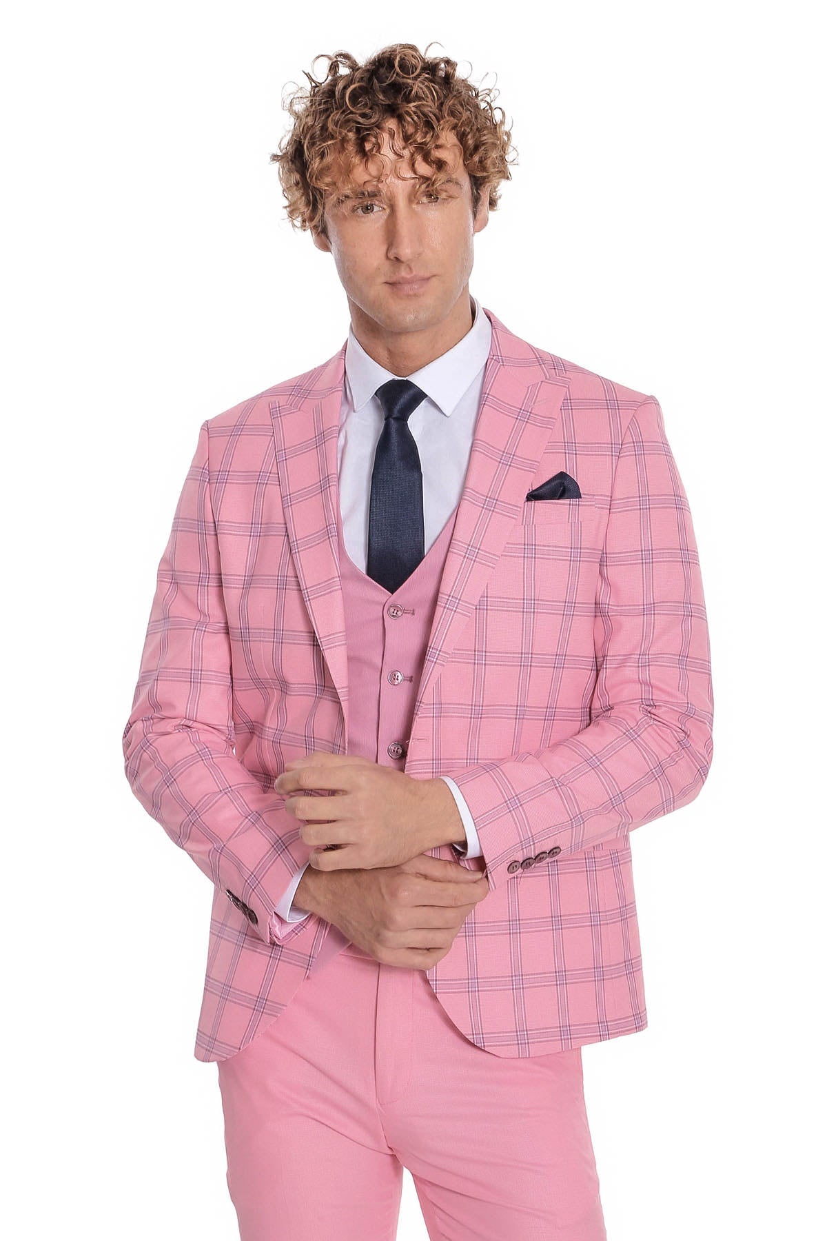 Ekose Ceketli Desenli Slim Fit Pembe Erkek Takım Elbise - Wessi