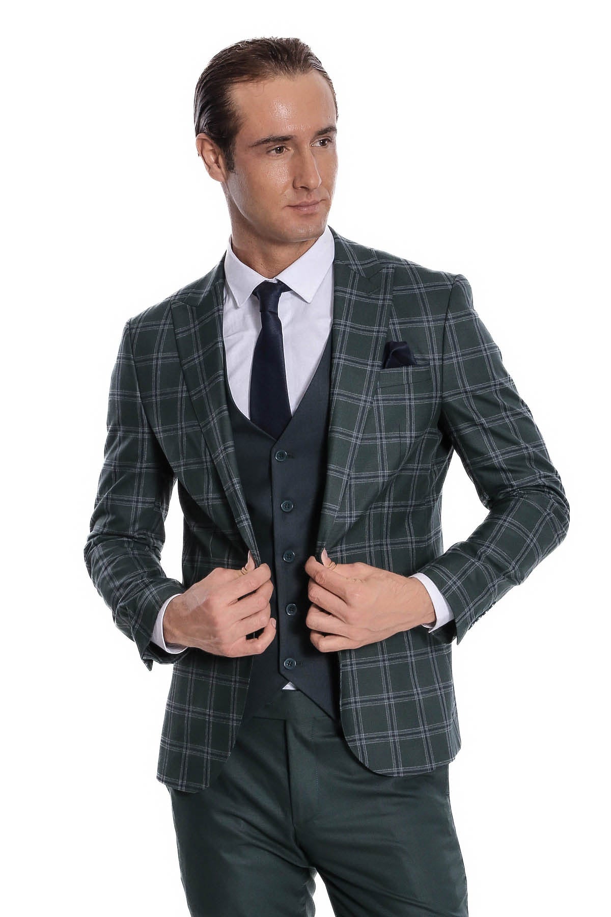 Ekose Ceketli Desenli Slim Fit Yeşil Erkek Takım Elbise - Wessi