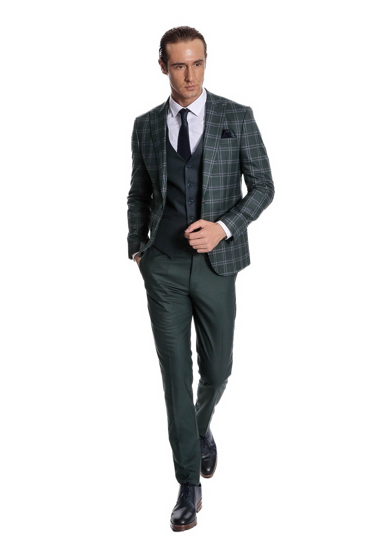 Ekose Ceketli Desenli Slim Fit Yeşil Erkek Takım Elbise - Wessi