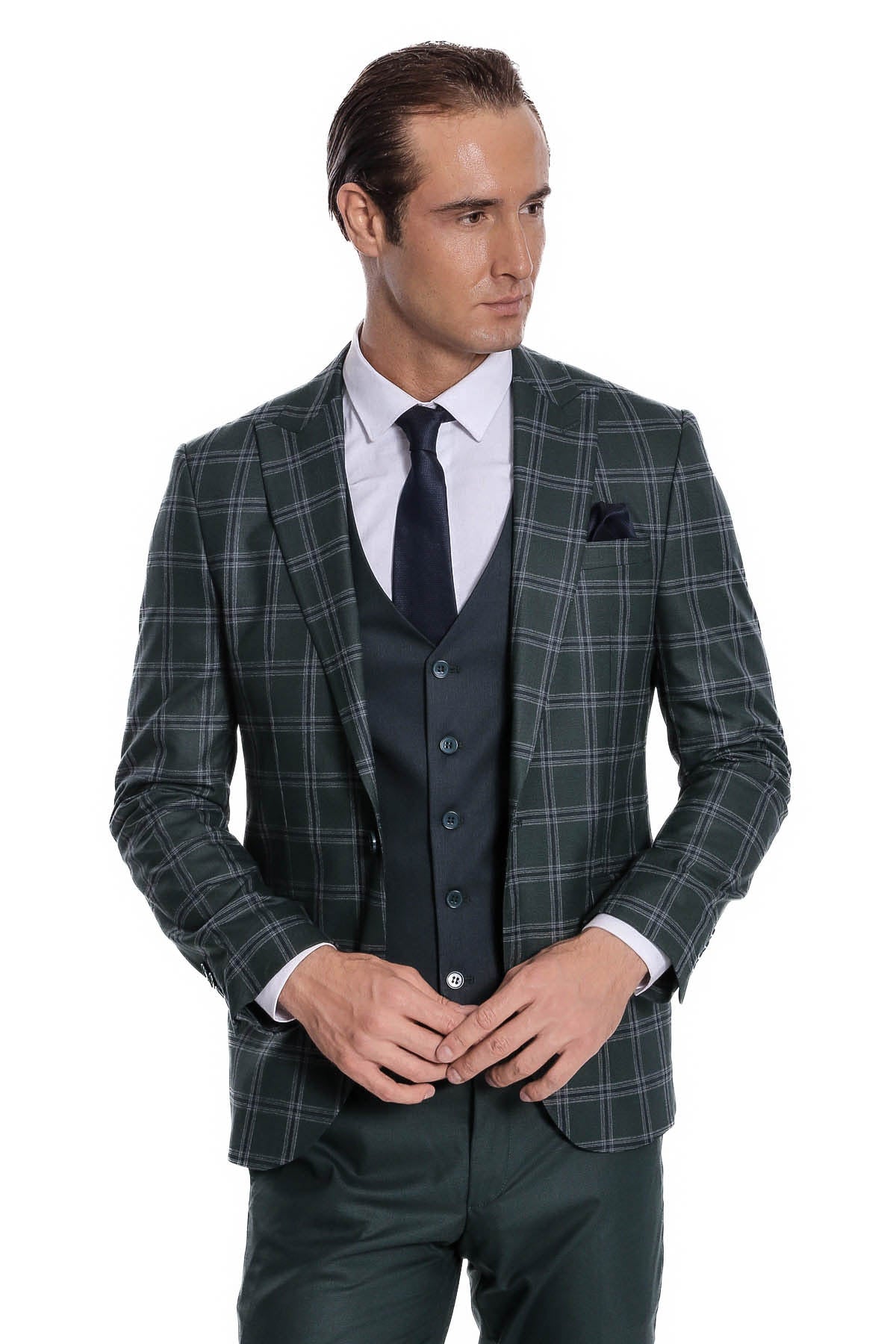 Ekose Ceketli Desenli Slim Fit Yeşil Erkek Takım Elbise - Wessi