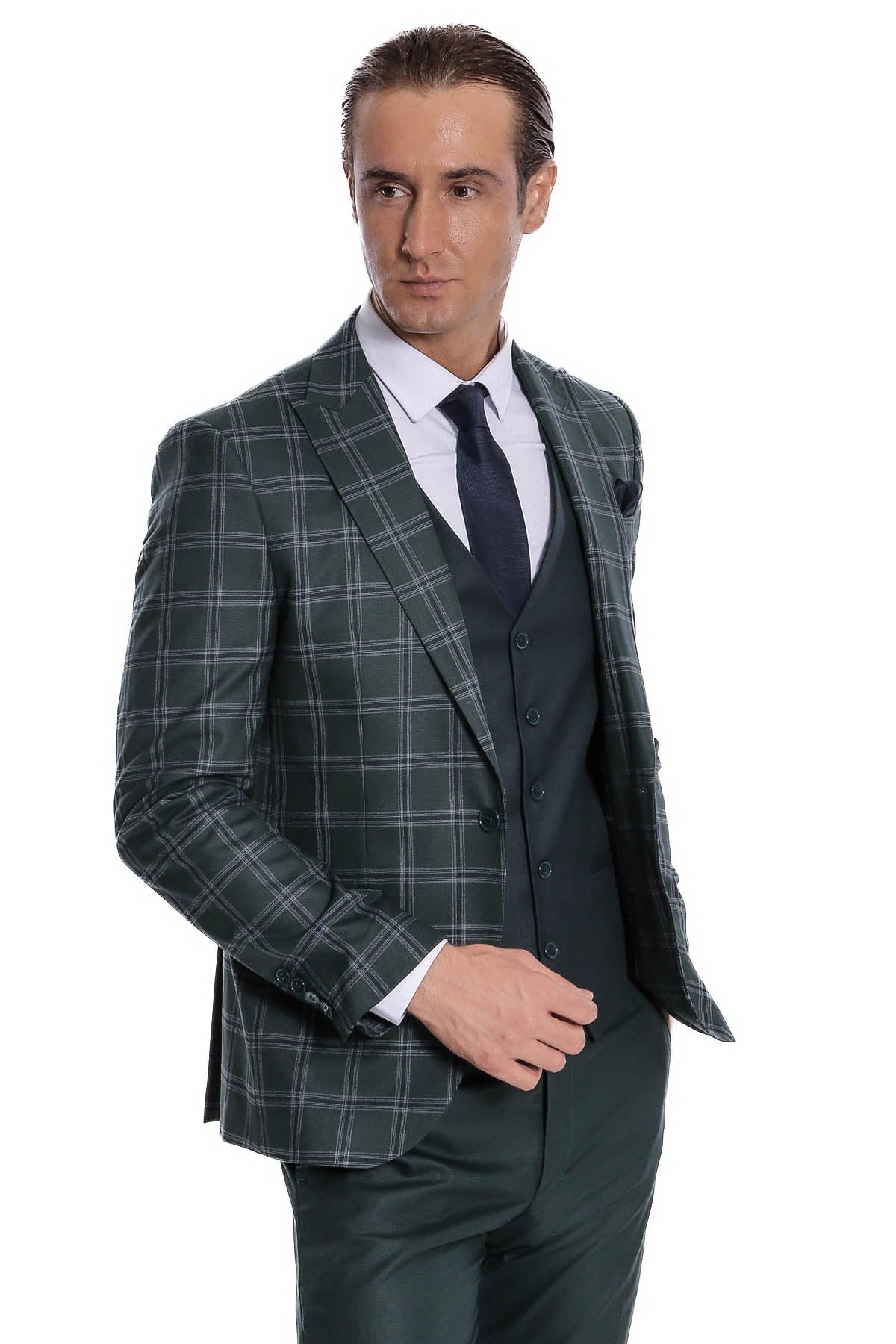 Ekose Ceketli Desenli Slim Fit Yeşil Erkek Takım Elbise - Wessi