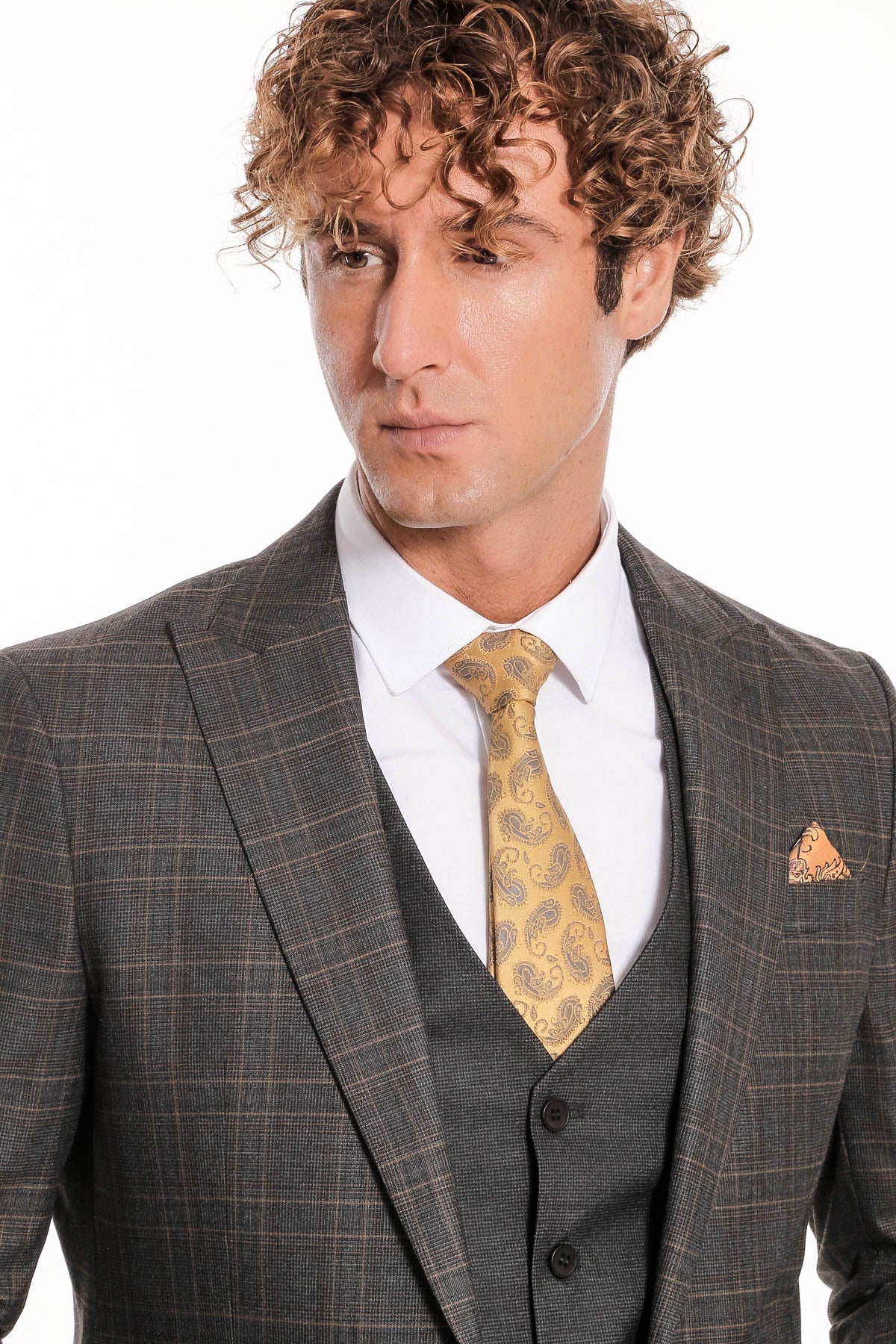 Ekose Ceketli Slim Fit Füme Erkek Takım Elbise - Wessi