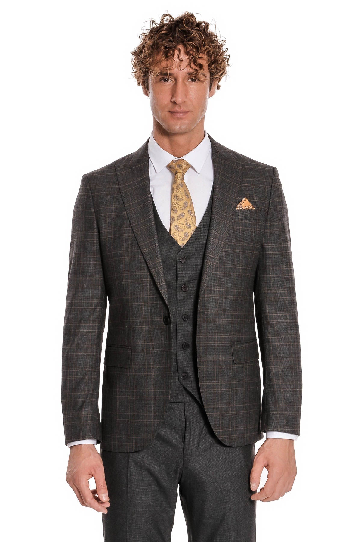 Ekose Ceketli Slim Fit Füme Erkek Takım Elbise - Wessi