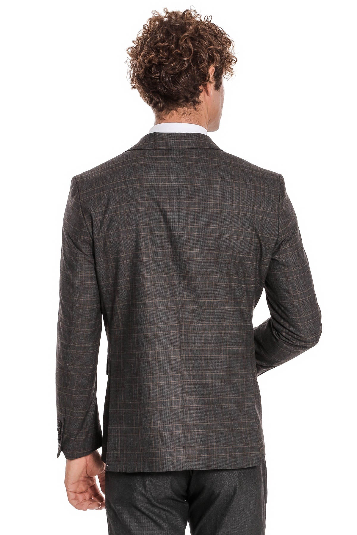 Ekose Ceketli Slim Fit Füme Erkek Takım Elbise - Wessi