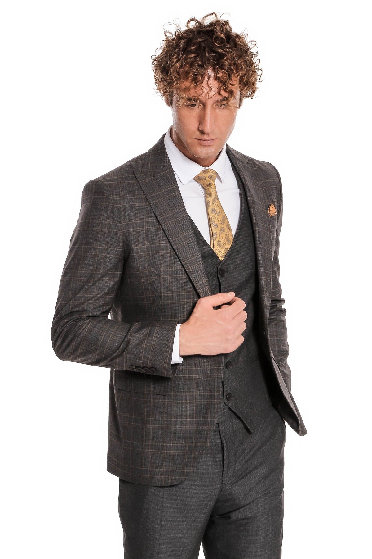Ekose Ceketli Slim Fit Füme Erkek Takım Elbise - Wessi