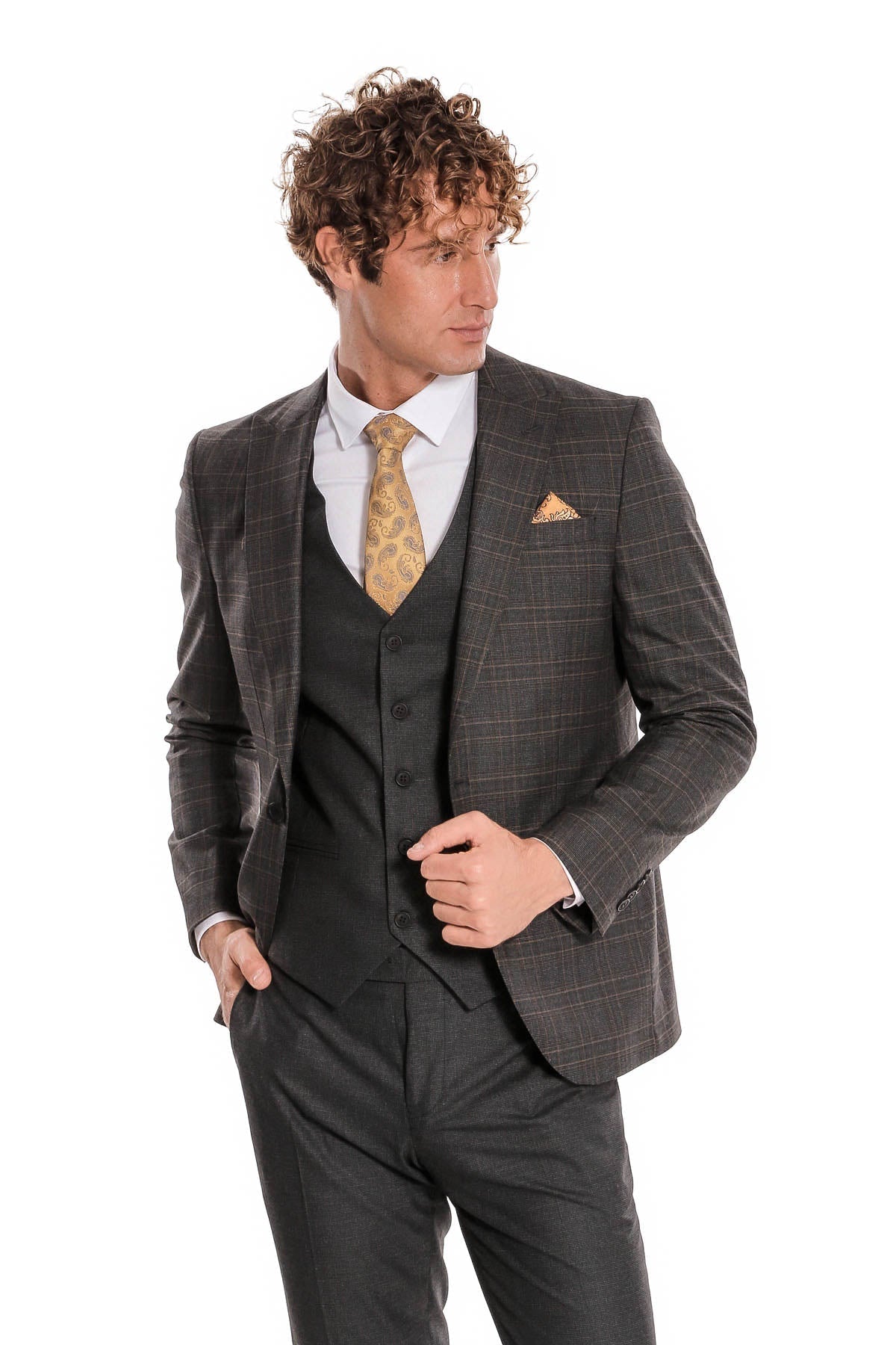 Ekose Ceketli Slim Fit Füme Erkek Takım Elbise - Wessi