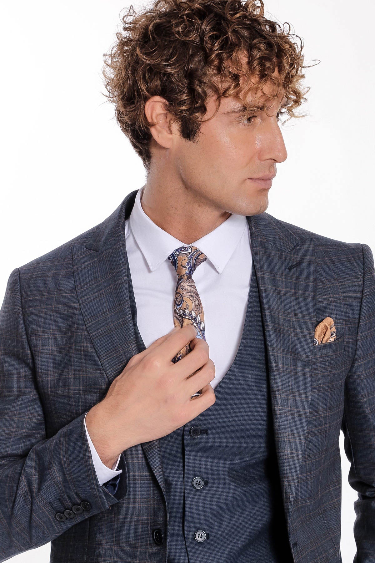 Ekose Ceketli Slim Fit Lacivert Erkek Takım Elbise - Wessi