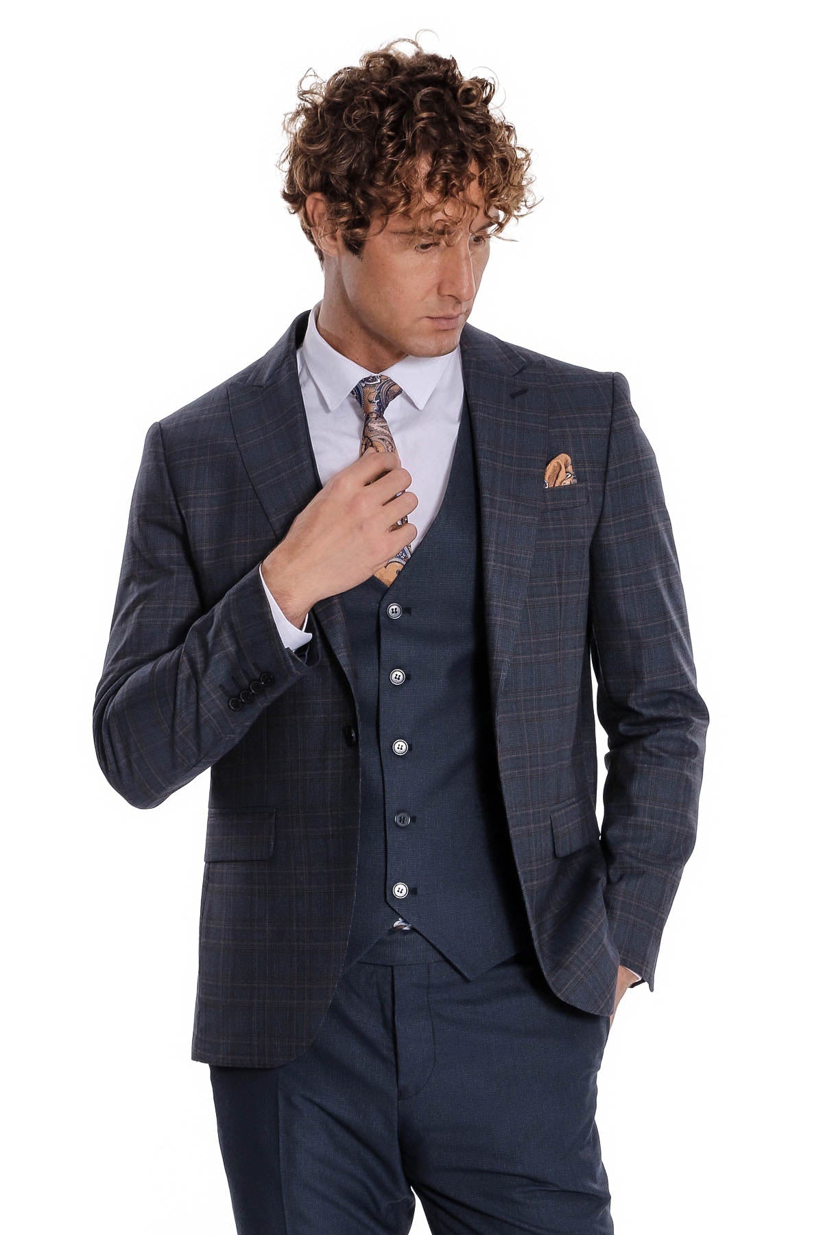 Ekose Ceketli Slim Fit Lacivert Erkek Takım Elbise - Wessi