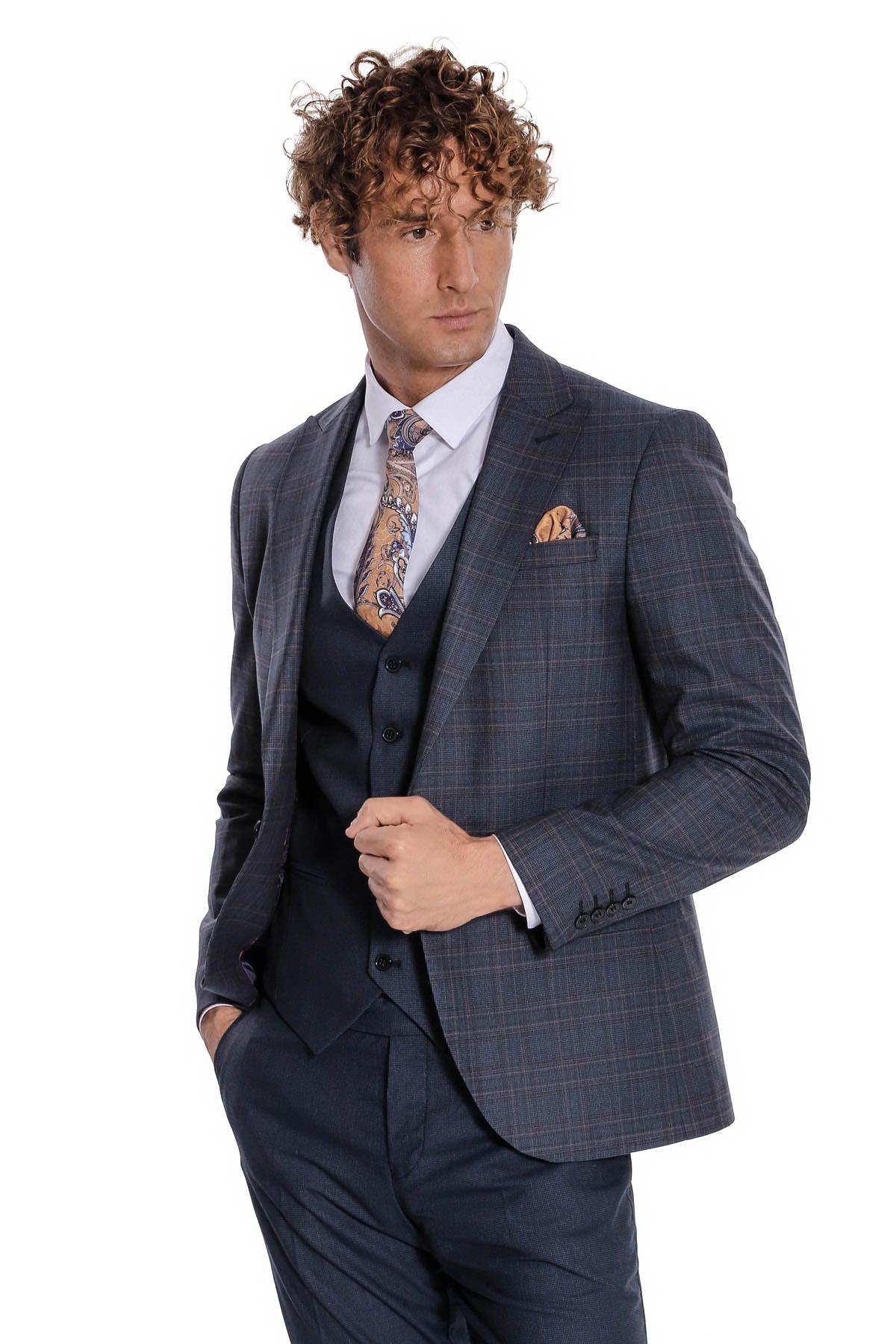 Ekose Ceketli Slim Fit Lacivert Erkek Takım Elbise - Wessi