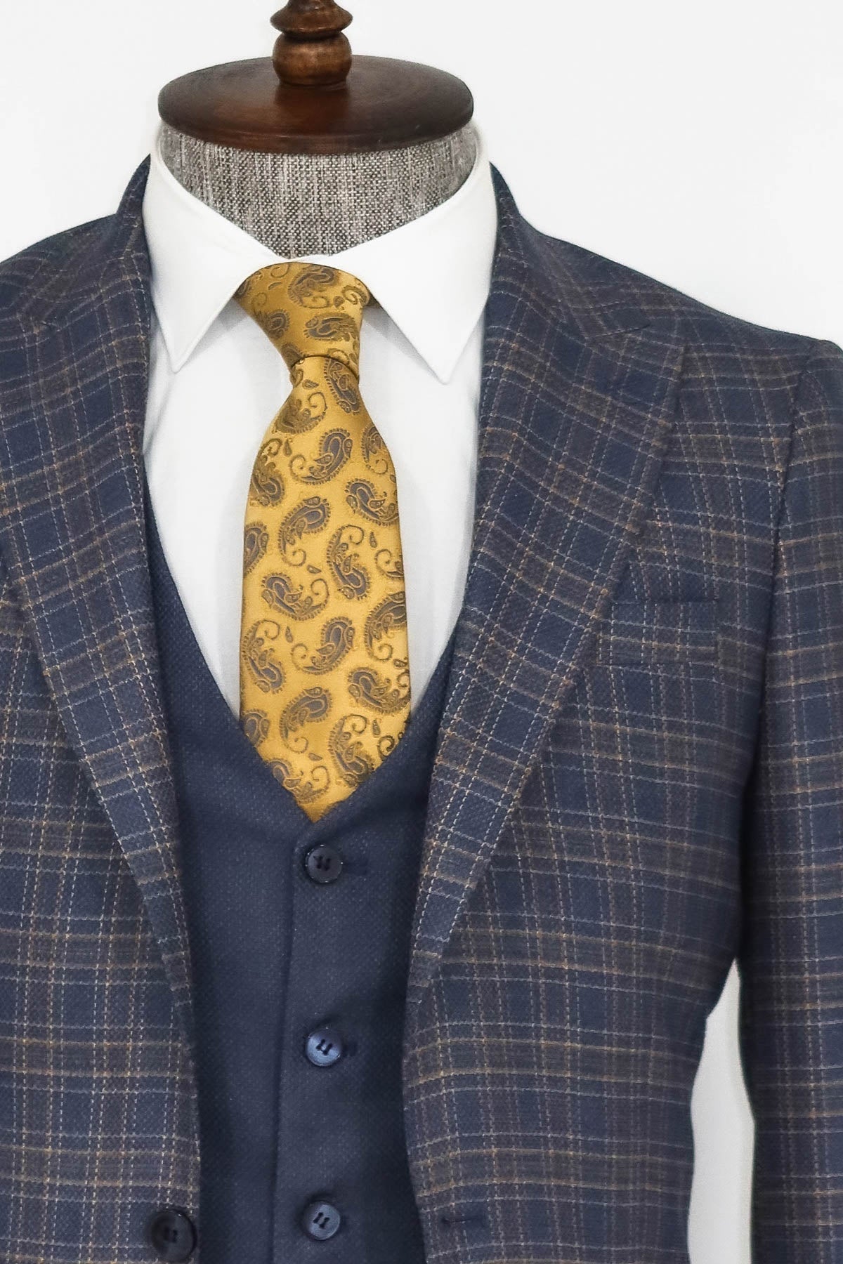 Ekose Ceketli Slim Fit Mavi Erkek Takım Elbise - Wessi