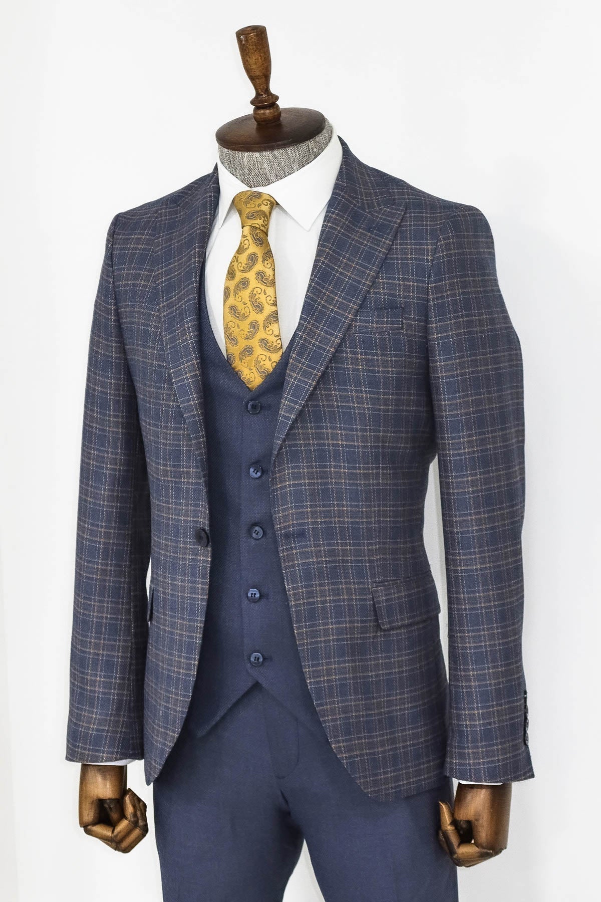 Ekose Ceketli Slim Fit Mavi Erkek Takım Elbise - Wessi