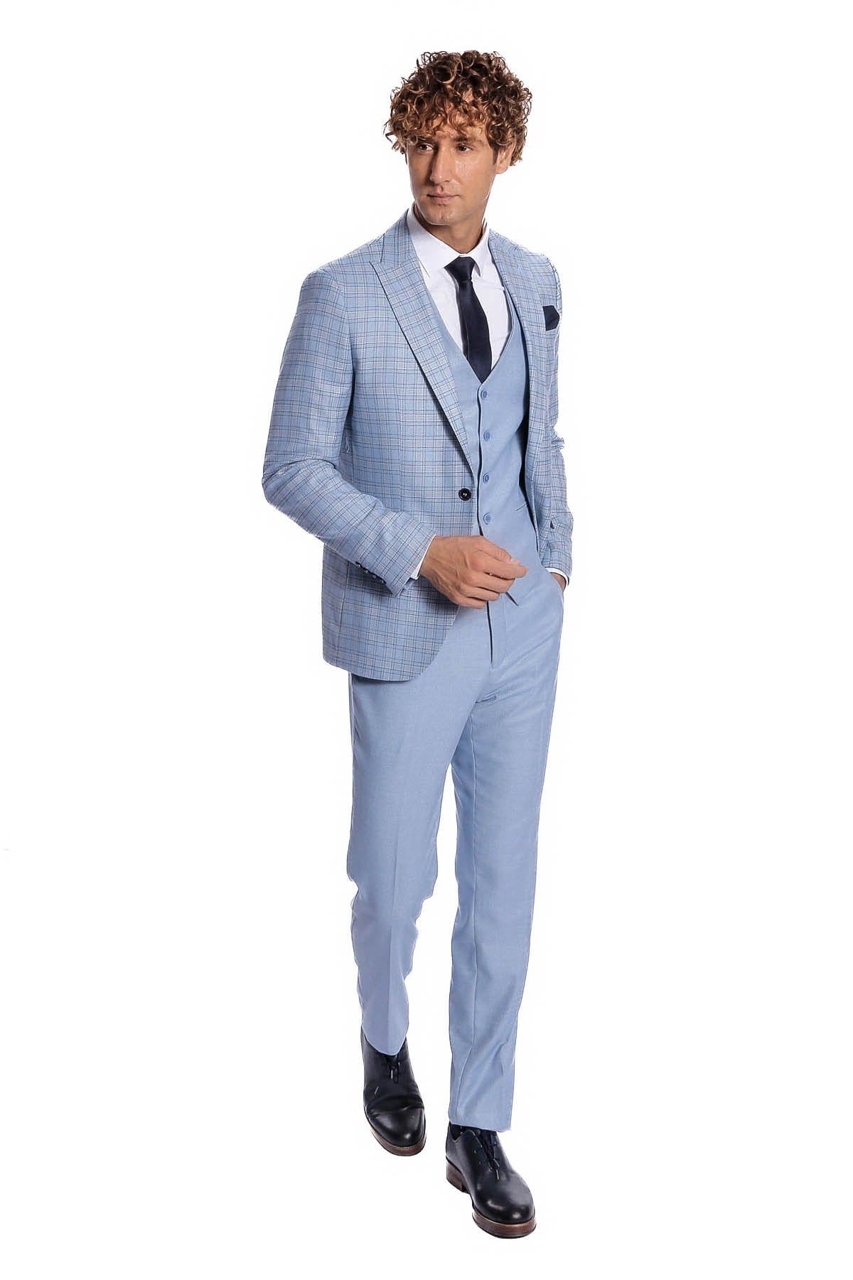 Ekose Ceketli Slim Fit Açık Mavi Erkek Takım Elbise - Wessi