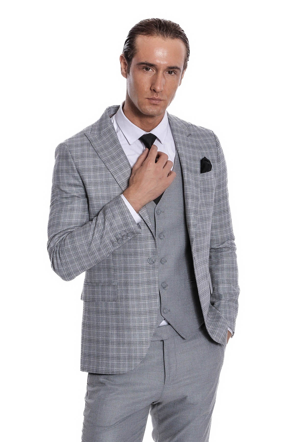 Ekose Ceketli Slim Fit Açık Gri Erkek Takım Elbise - Wessi