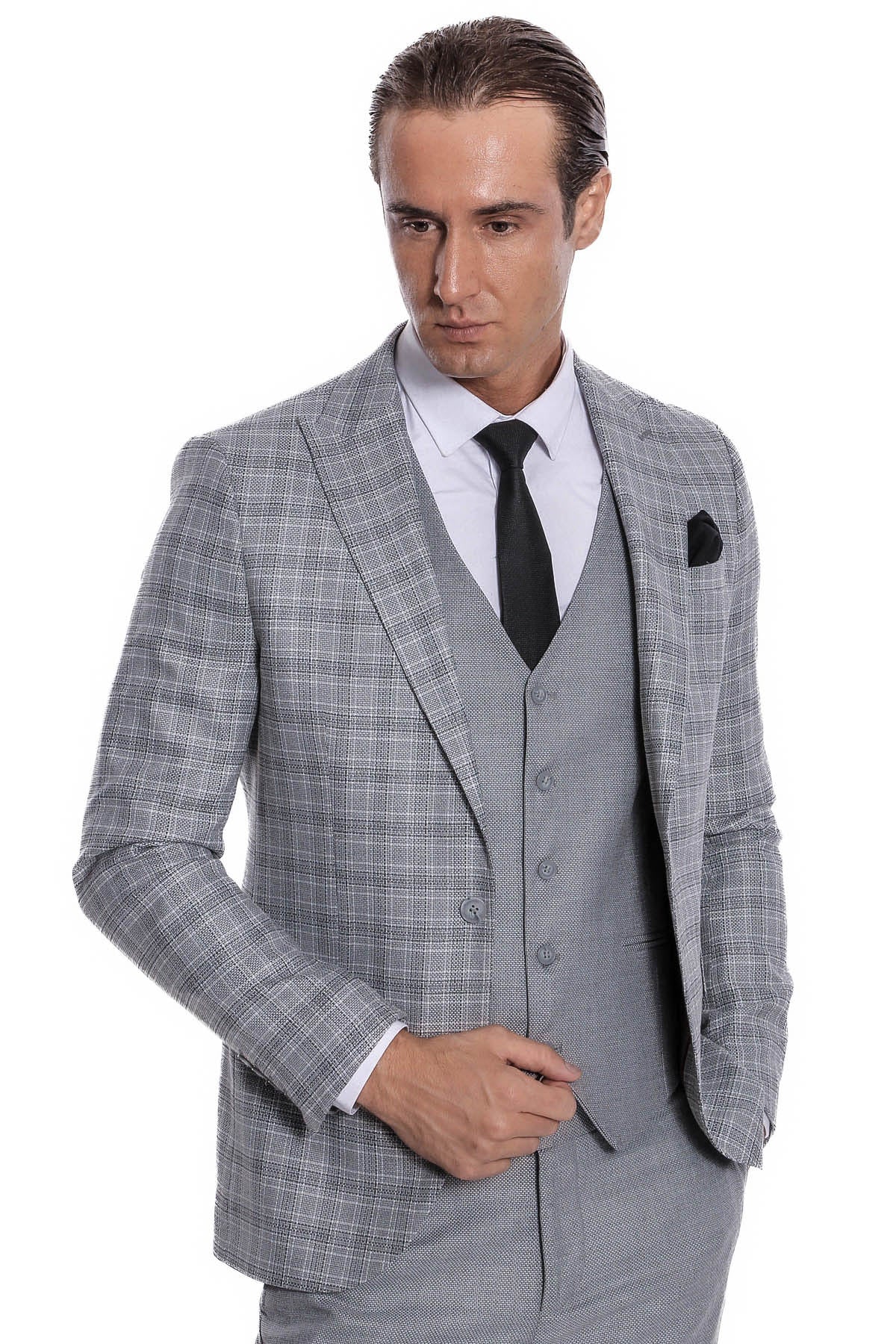 Ekose Ceketli Slim Fit Açık Gri Erkek Takım Elbise - Wessi