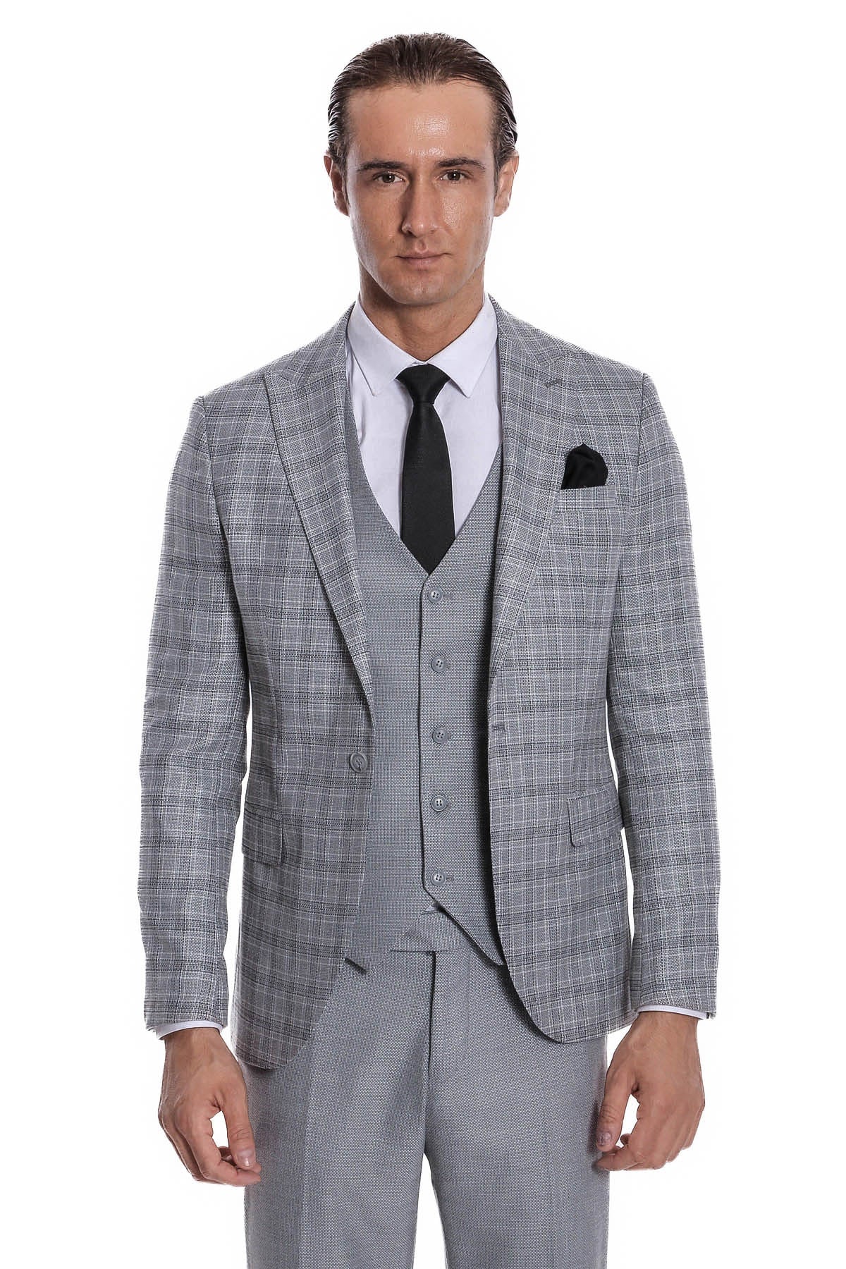 Ekose Ceketli Slim Fit Açık Gri Erkek Takım Elbise - Wessi