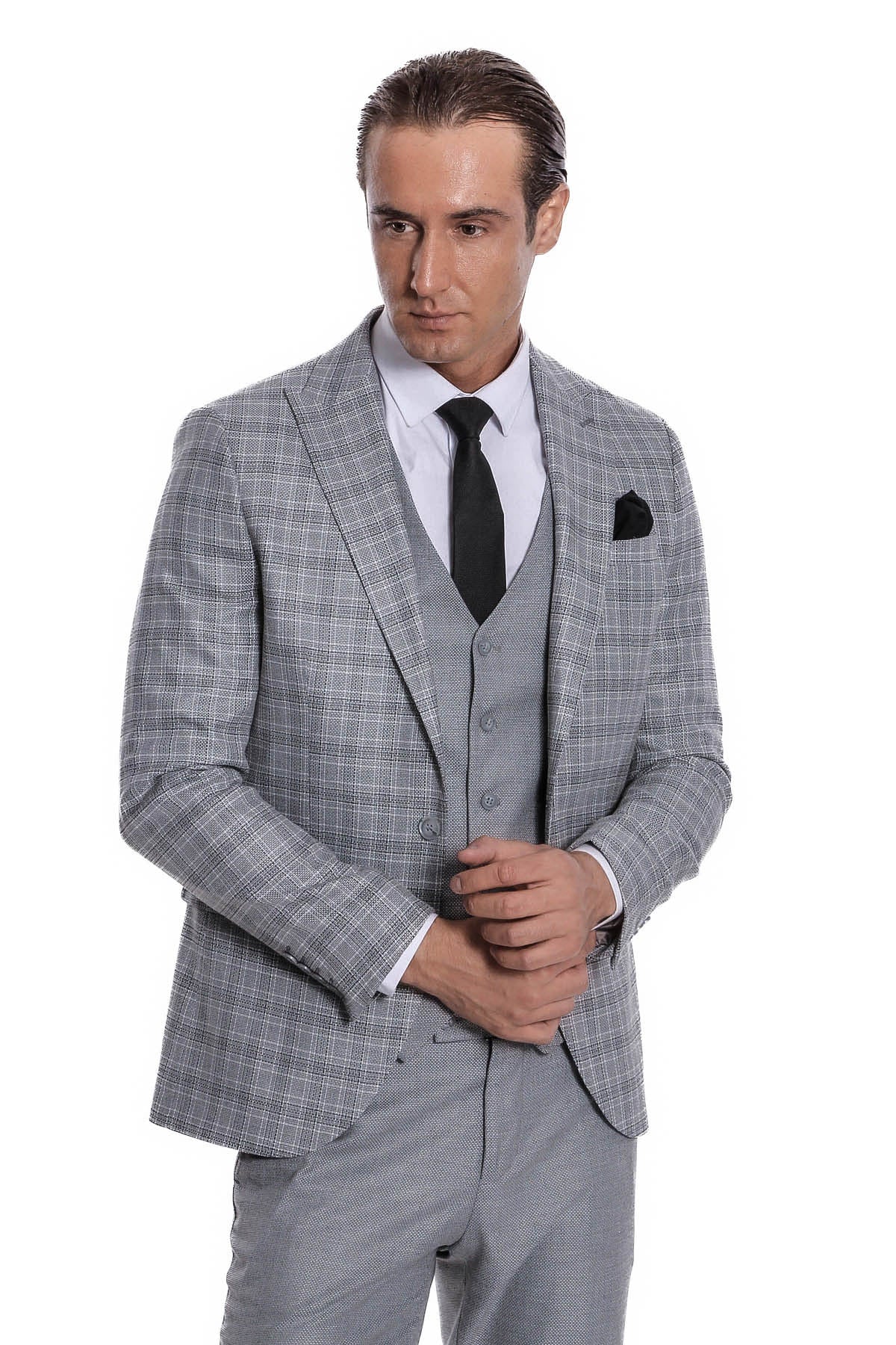 Ekose Ceketli Slim Fit Açık Gri Erkek Takım Elbise - Wessi