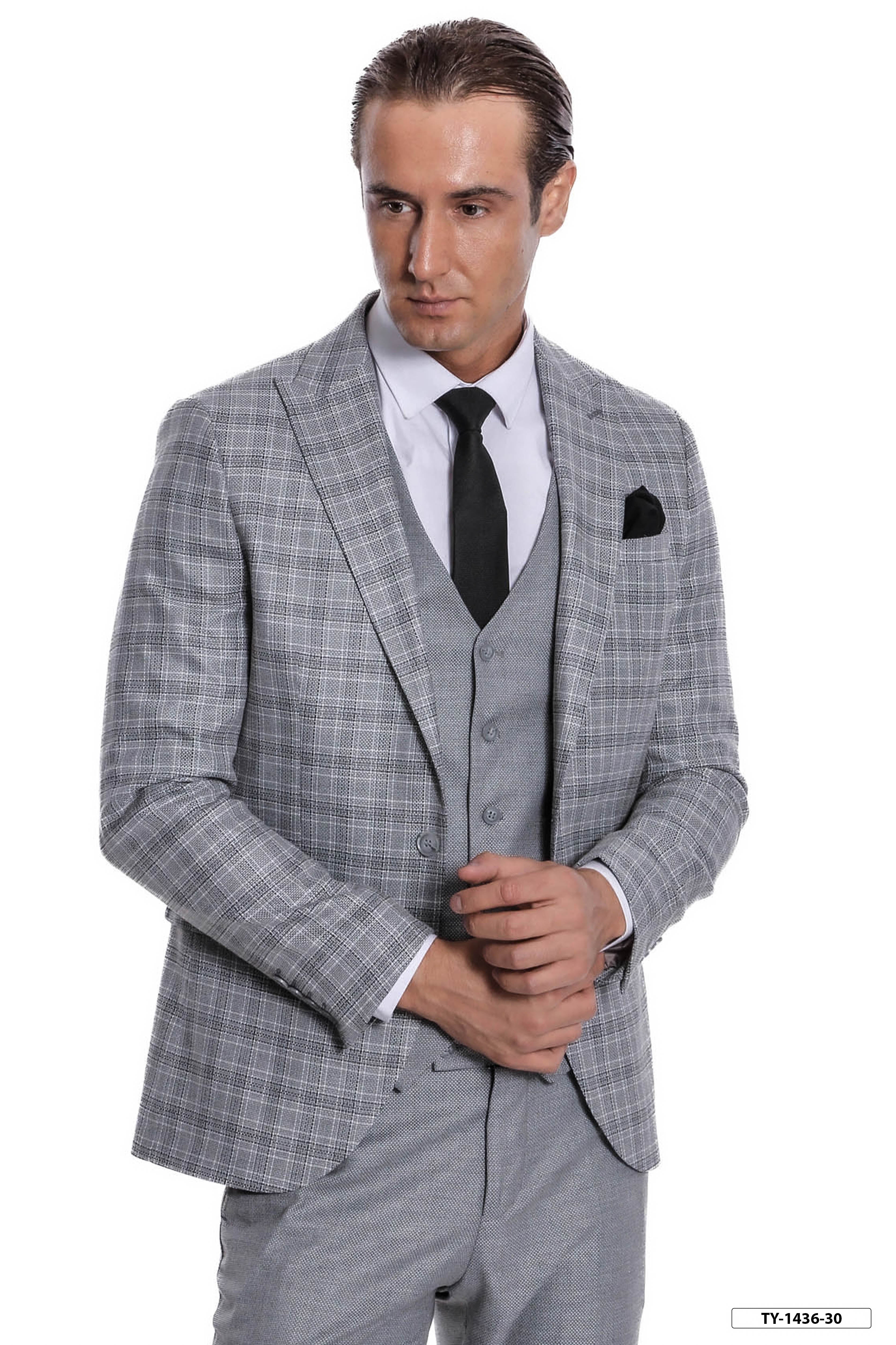 Ekose Ceketli Slim Fit Açık Gri Erkek Takım Elbise - Wessi