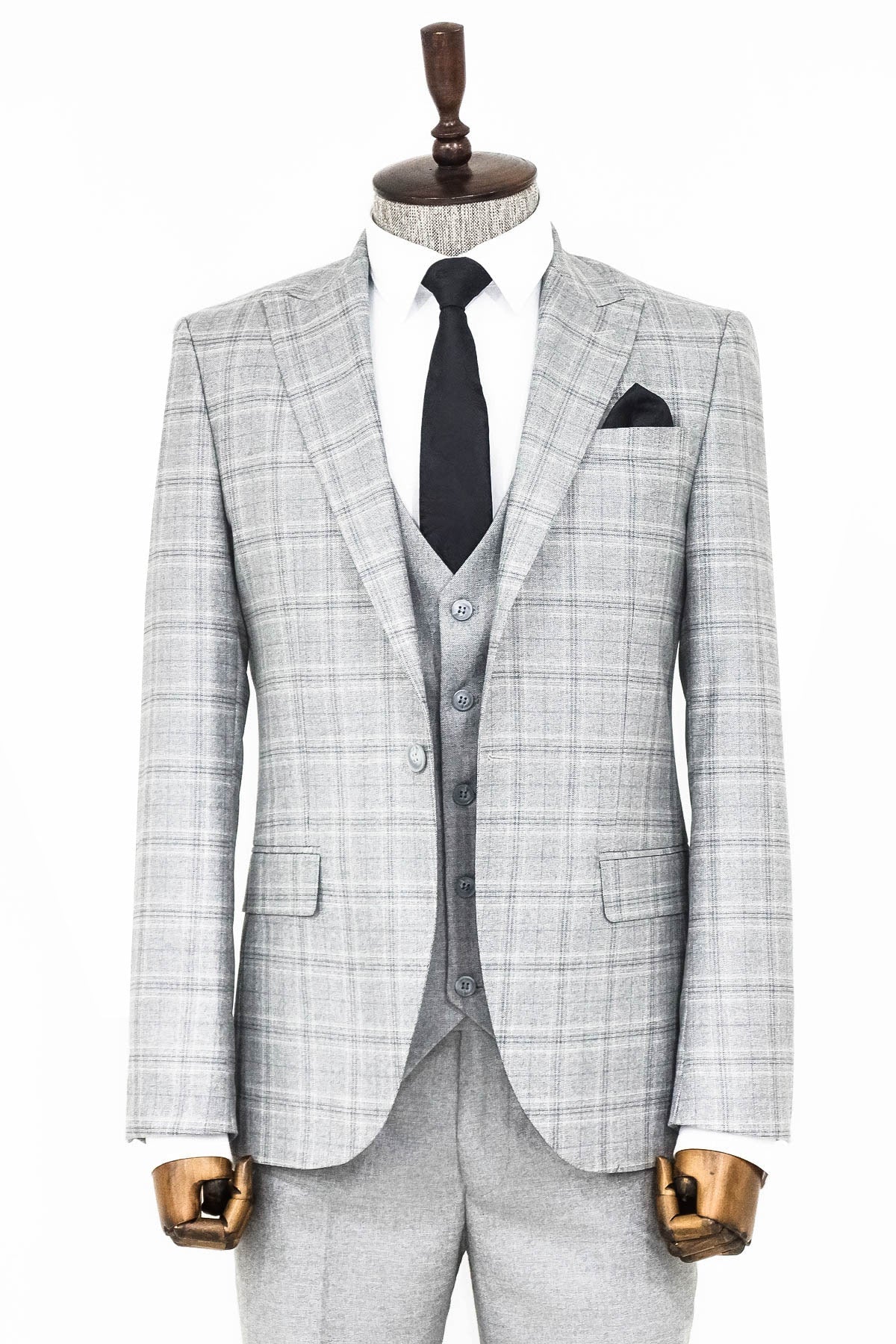 Açık Gri Ekose Ceketli Slim Fit Takım Elbise - Wessi