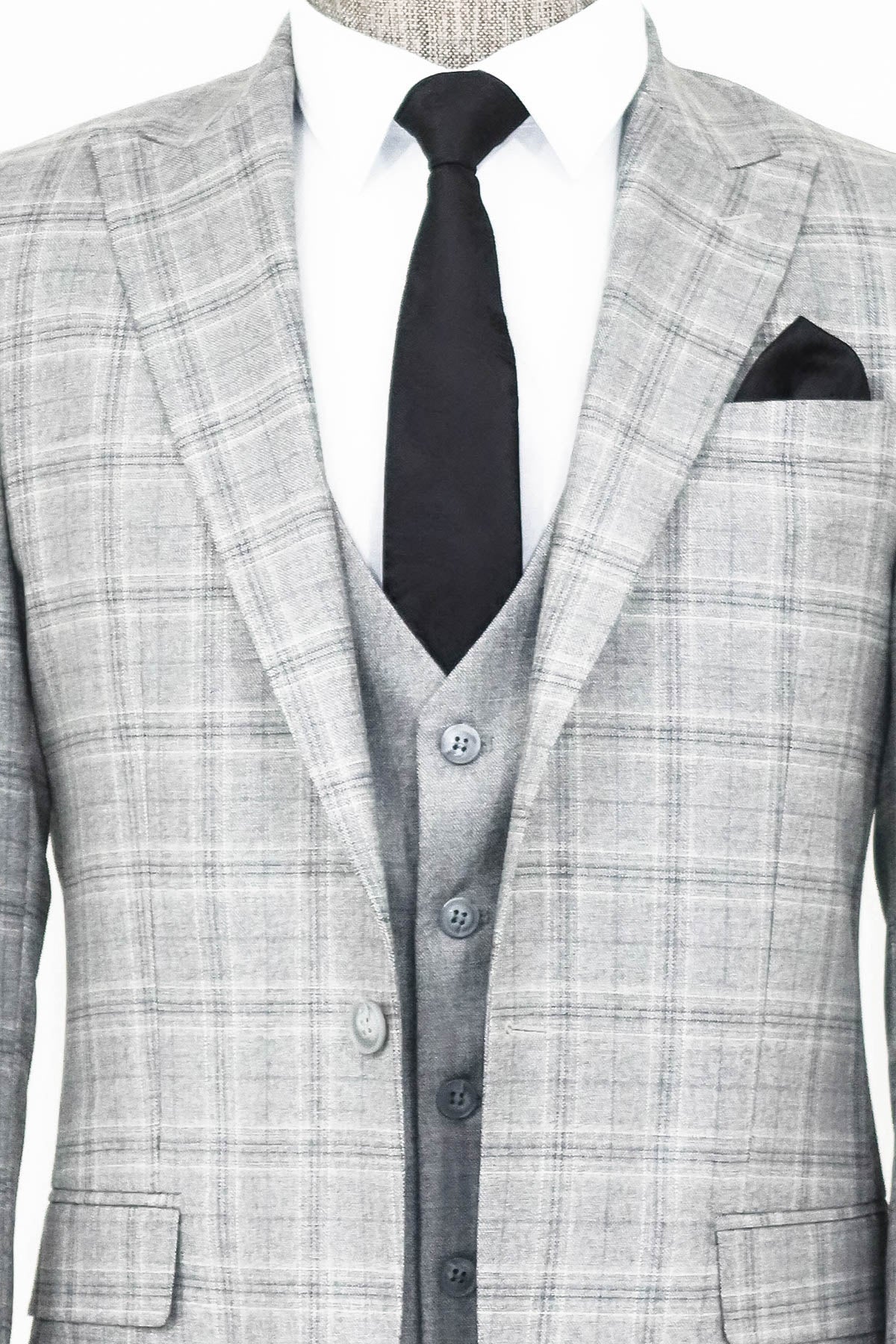 Açık Gri Ekose Ceketli Slim Fit Takım Elbise - Wessi