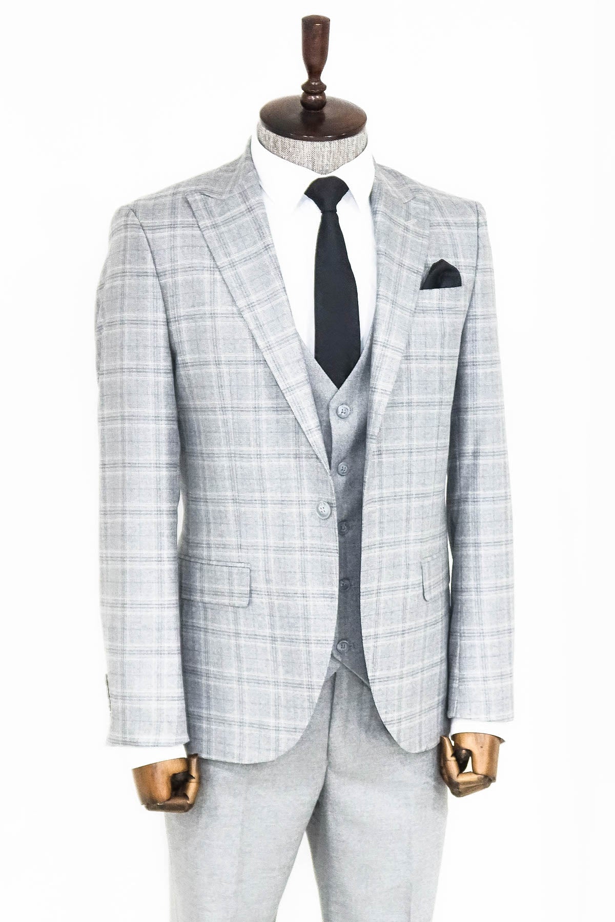 Açık Gri Ekose Ceketli Slim Fit Takım Elbise - Wessi