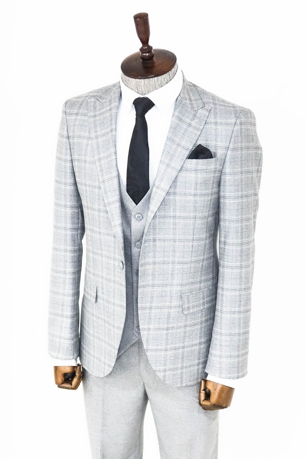 Açık Gri Ekose Ceketli Slim Fit Takım Elbise - Wessi