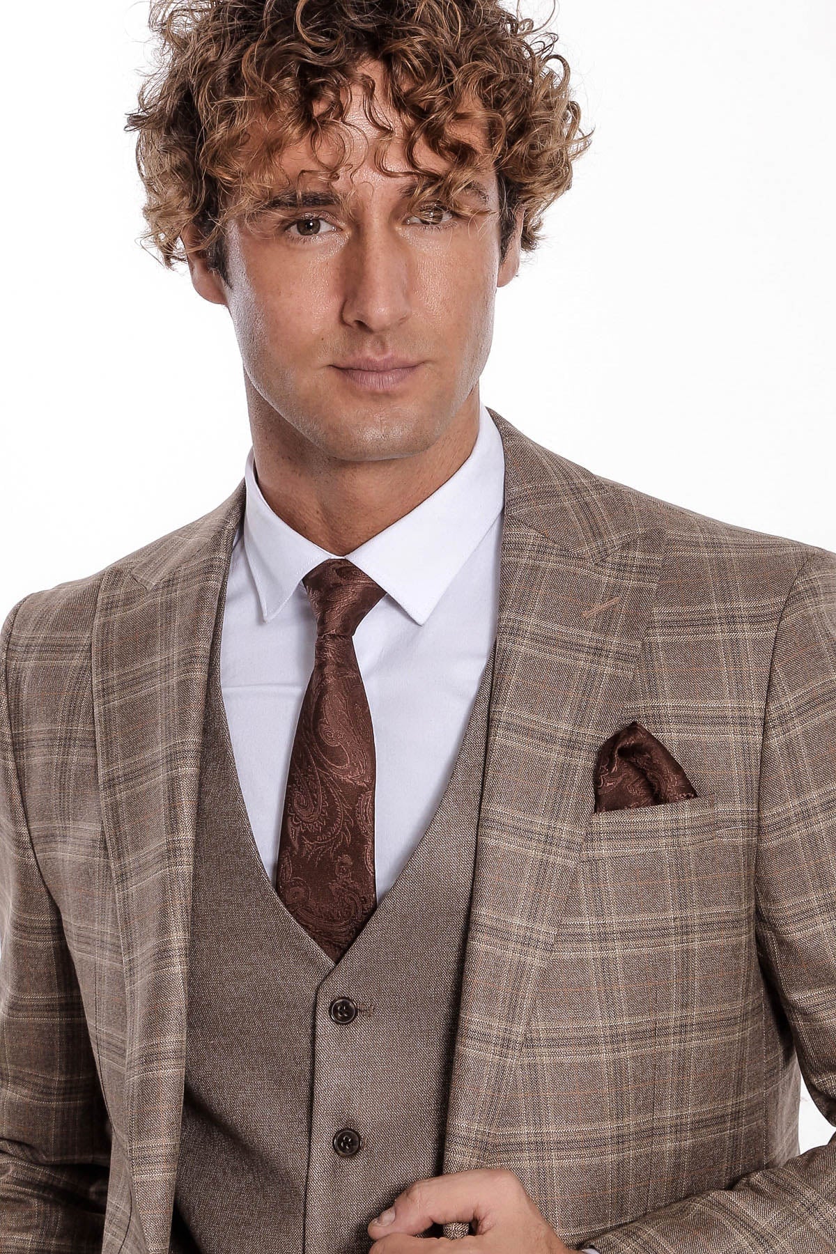 Ekose Ceketli Slim Fit Açık Kahverengi Erkek Takım Elbise - Wessi