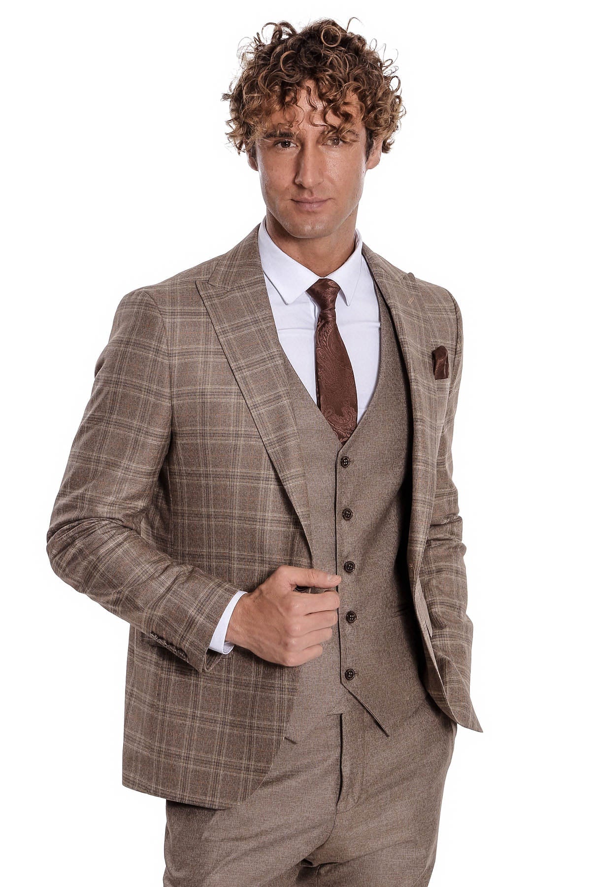 Ekose Ceketli Slim Fit Açık Kahverengi Erkek Takım Elbise - Wessi
