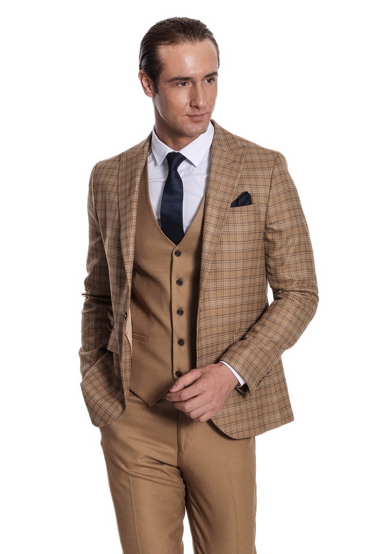 Ekose Ceketli Slim Fit Taba Erkek Takım Elbise - Wessi