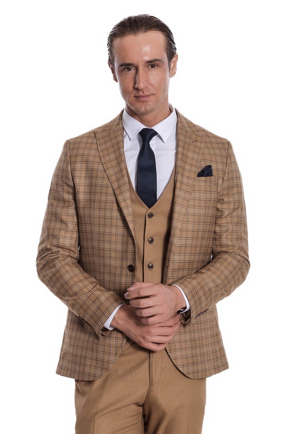 Ekose Ceketli Slim Fit Taba Erkek Takım Elbise - Wessi