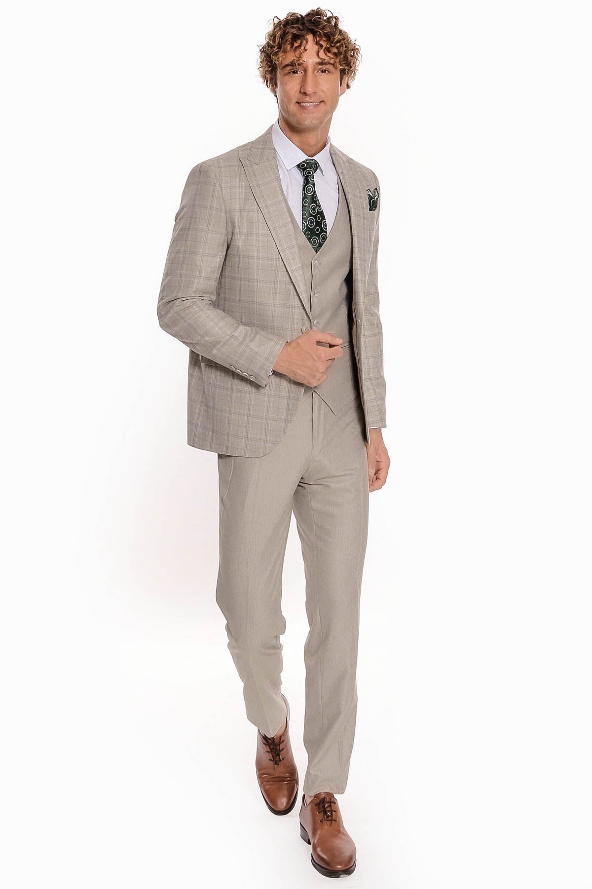 Ekose Ceketli Slim Fit Krem Erkek Takım Elbise - Wessi