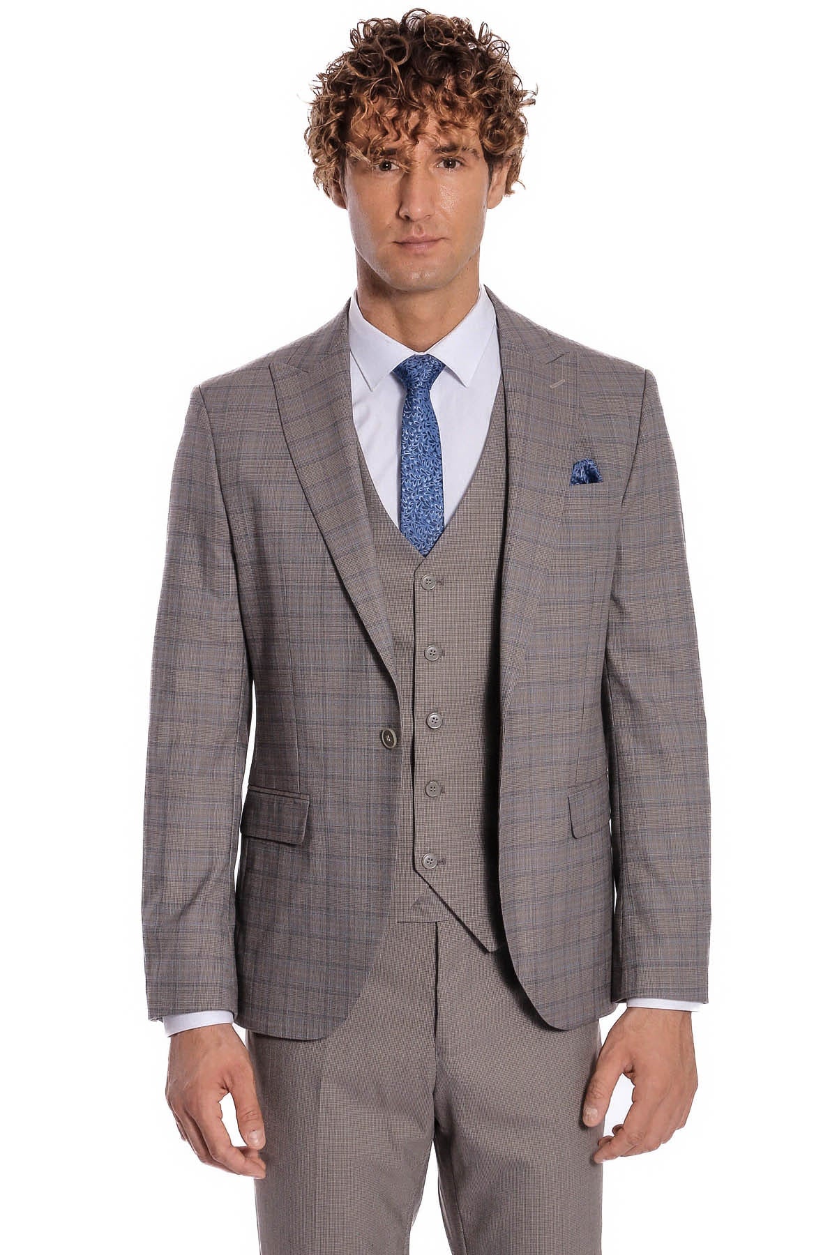 Ekose Ceketli Slim Fit Açık Kahve Erkek Takım Elbise - Wessi