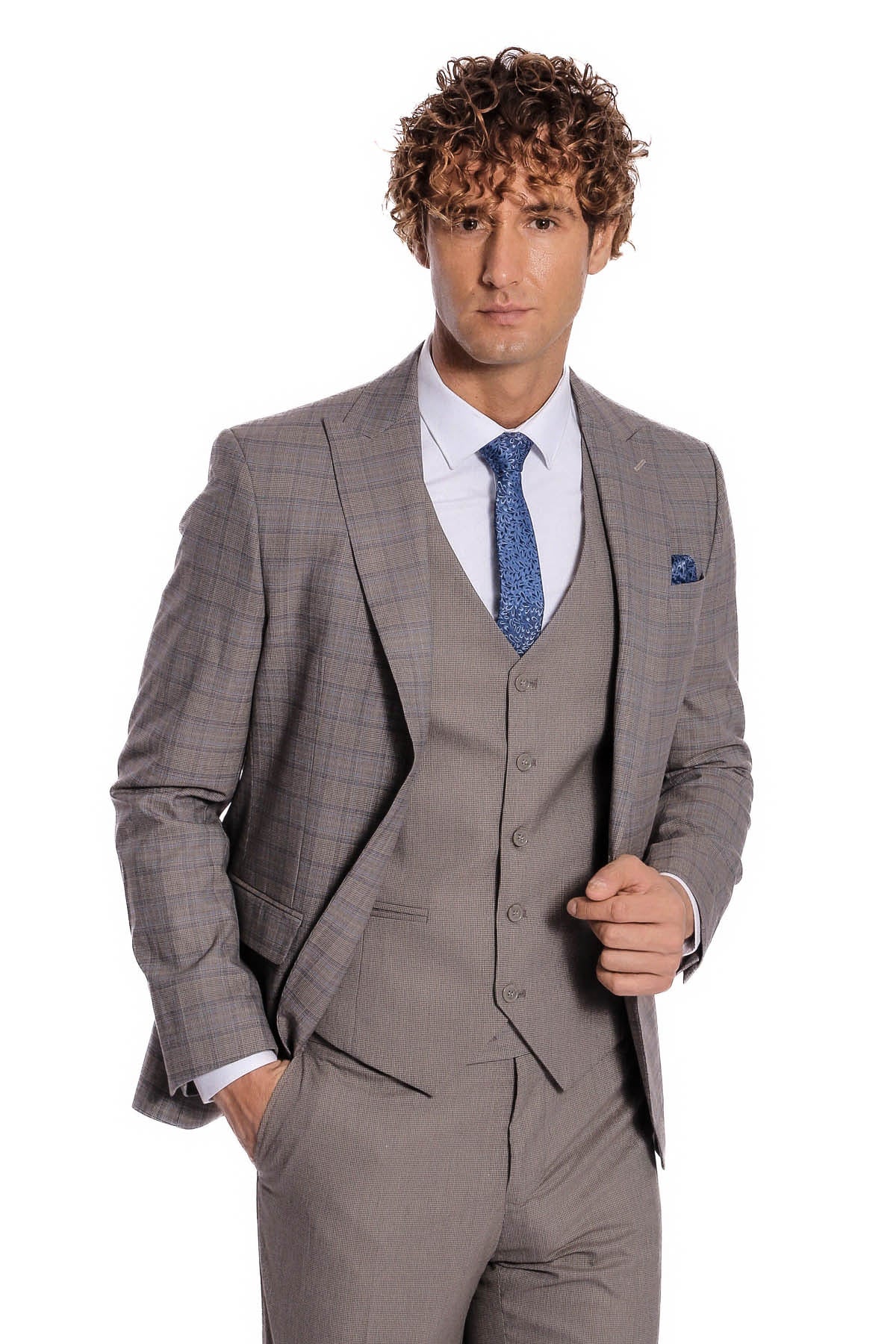 Ekose Ceketli Slim Fit Açık Kahve Erkek Takım Elbise - Wessi