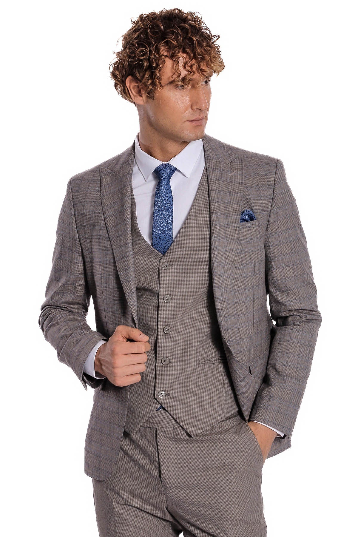 Ekose Ceketli Slim Fit Açık Kahve Erkek Takım Elbise - Wessi