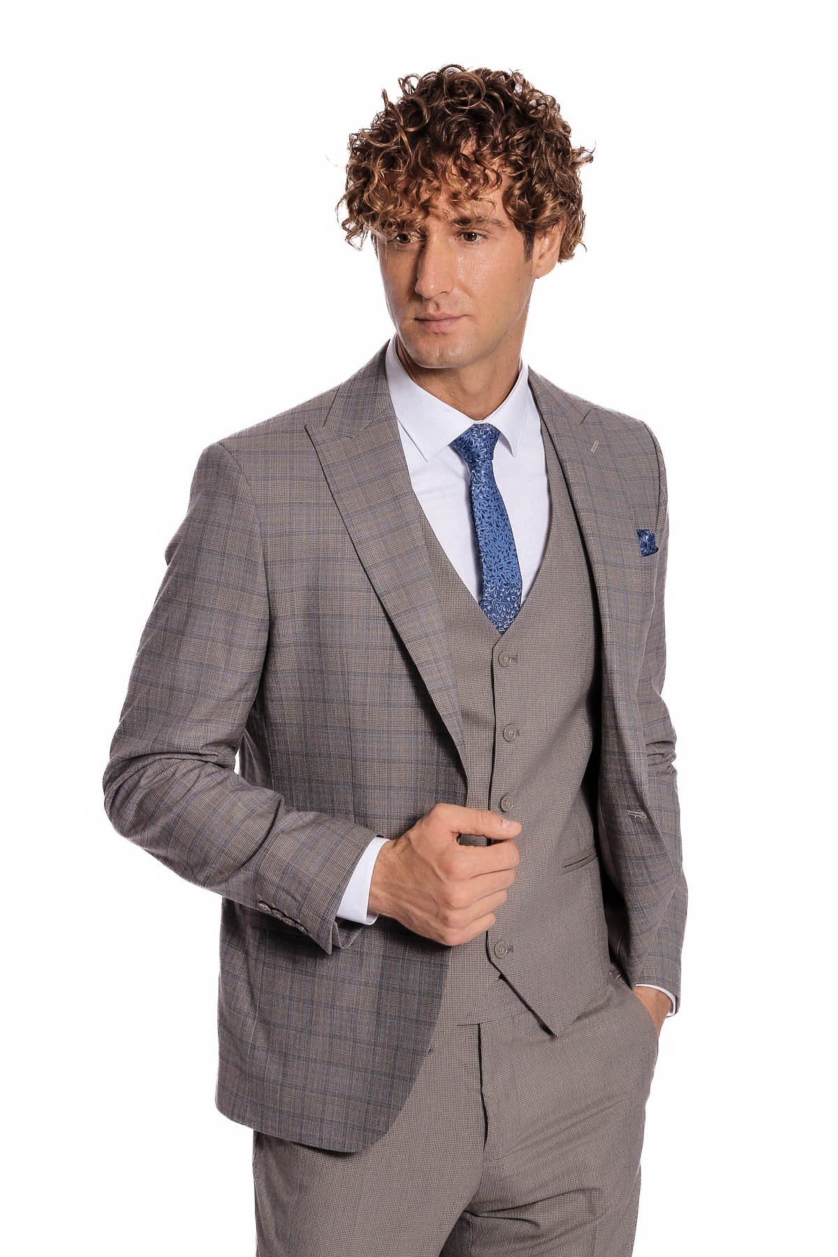 Ekose Ceketli Slim Fit Açık Kahve Erkek Takım Elbise - Wessi