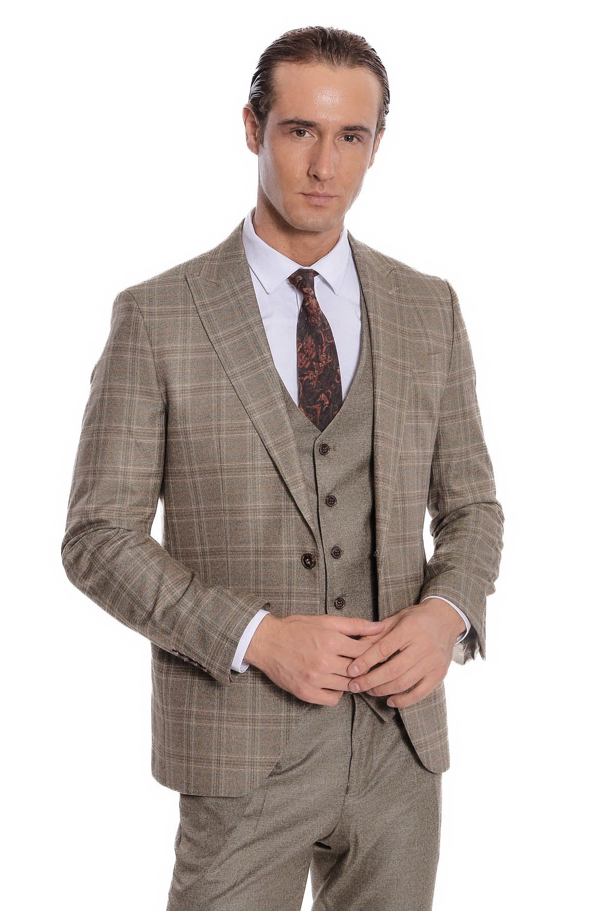 Ekose Ceketli Slim Fit Kahverengi Erkek Takım Elbise - Wessi