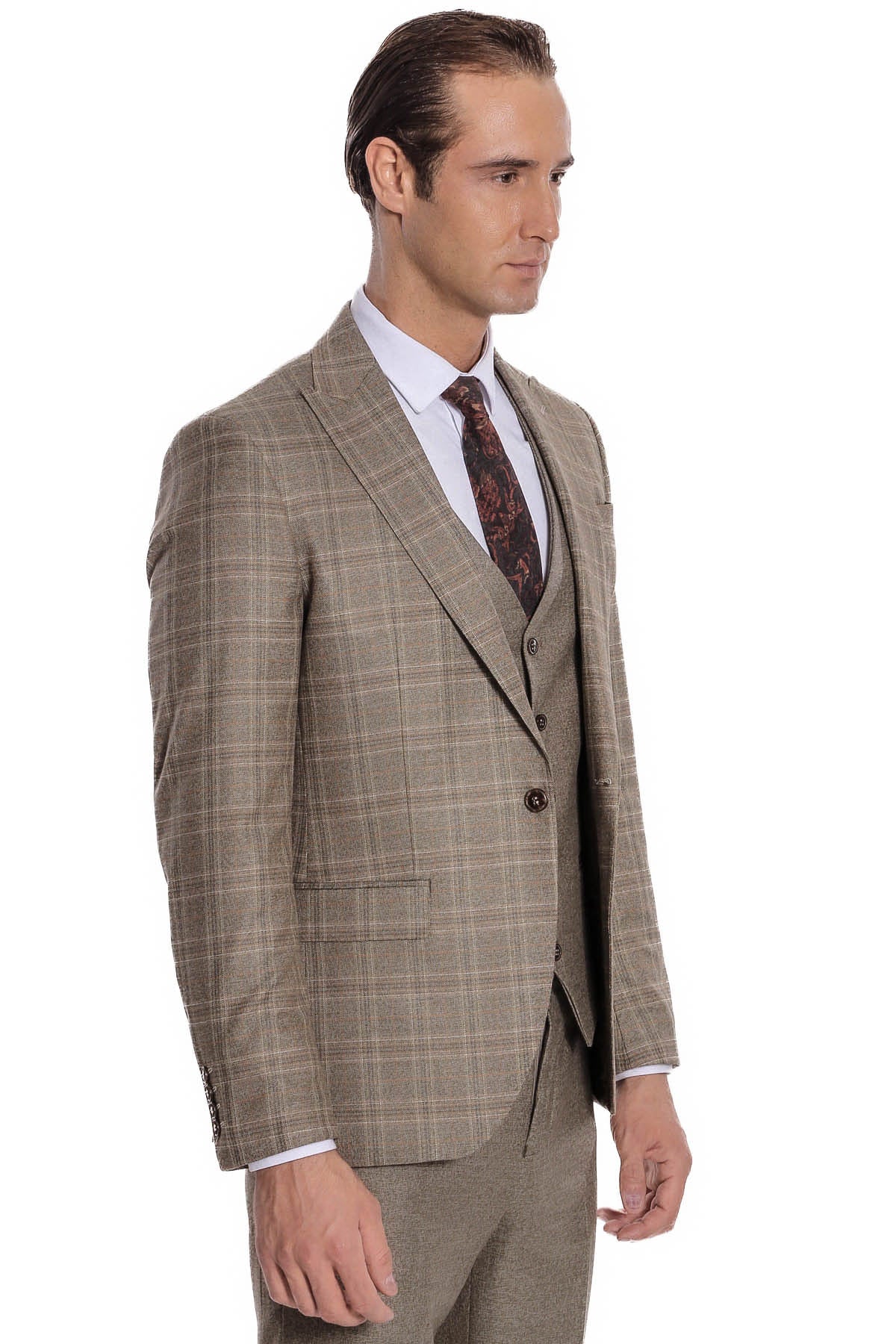 Ekose Ceketli Slim Fit Kahverengi Erkek Takım Elbise - Wessi