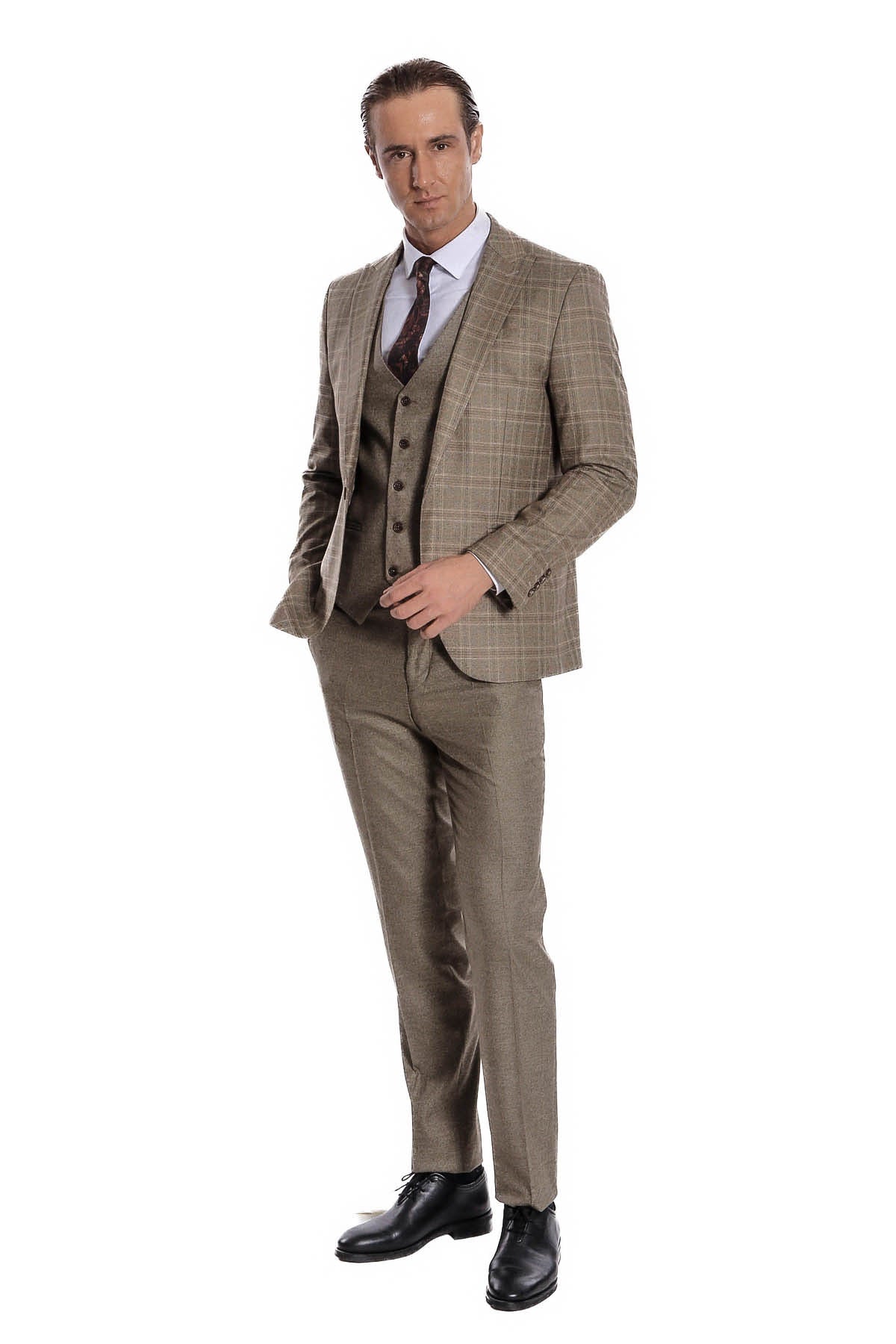 Ekose Ceketli Slim Fit Kahverengi Erkek Takım Elbise - Wessi