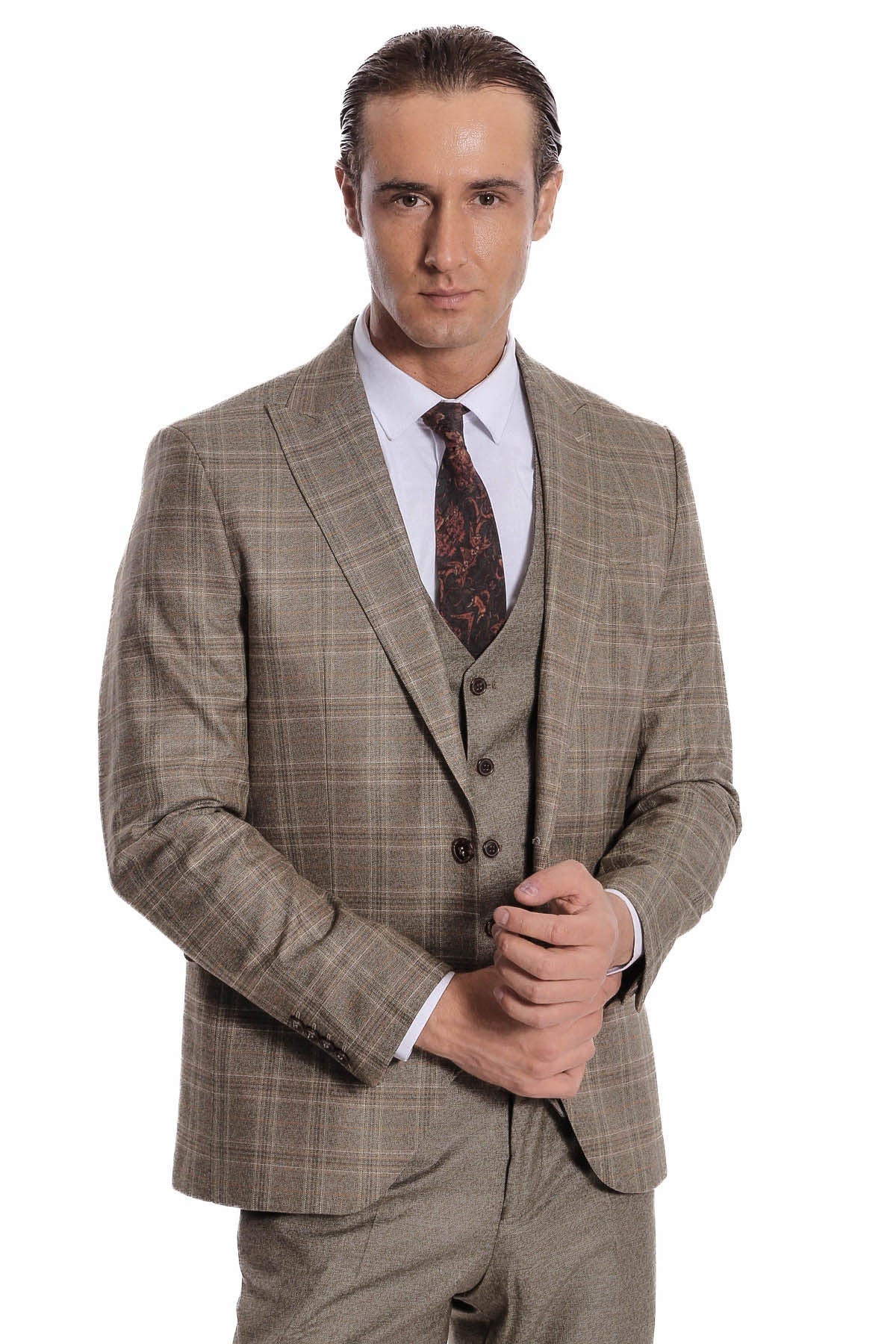 Ekose Ceketli Slim Fit Kahverengi Erkek Takım Elbise - Wessi