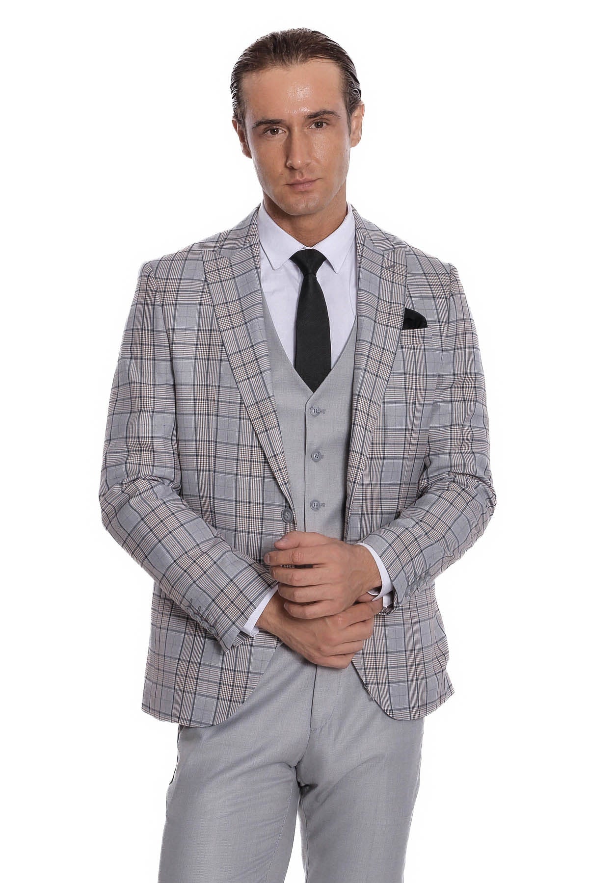 Ekose Ceketli Slim Fit Açık Gri Erkek Takım Elbise - Wessi