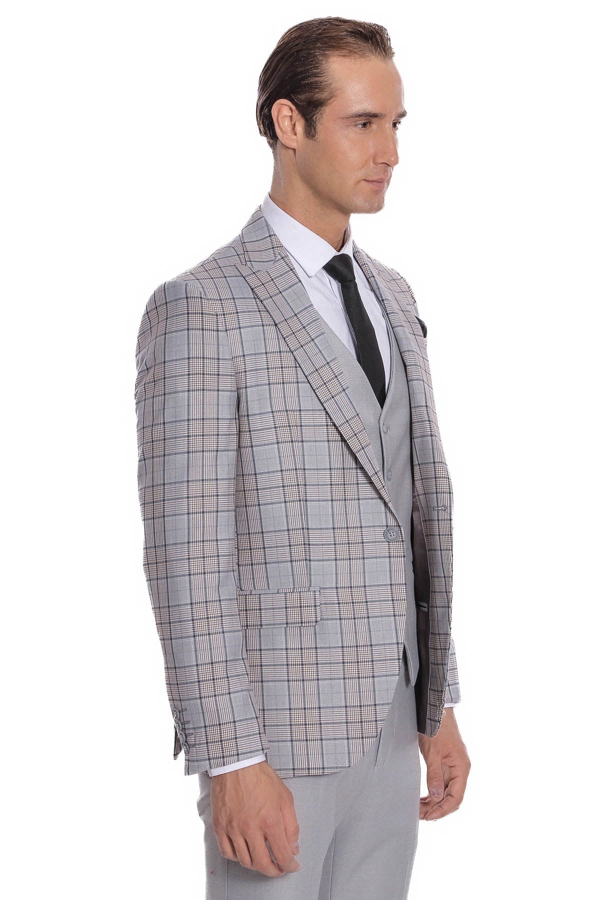 Ekose Ceketli Slim Fit Açık Gri Erkek Takım Elbise - Wessi