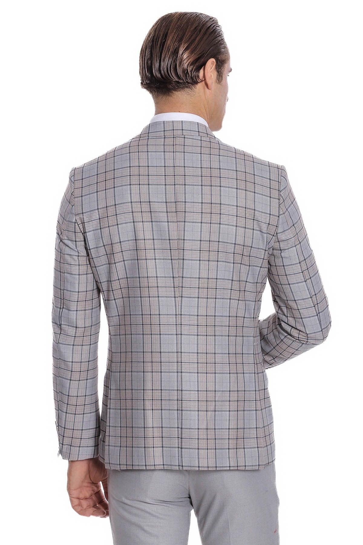 Ekose Ceketli Slim Fit Açık Gri Erkek Takım Elbise - Wessi
