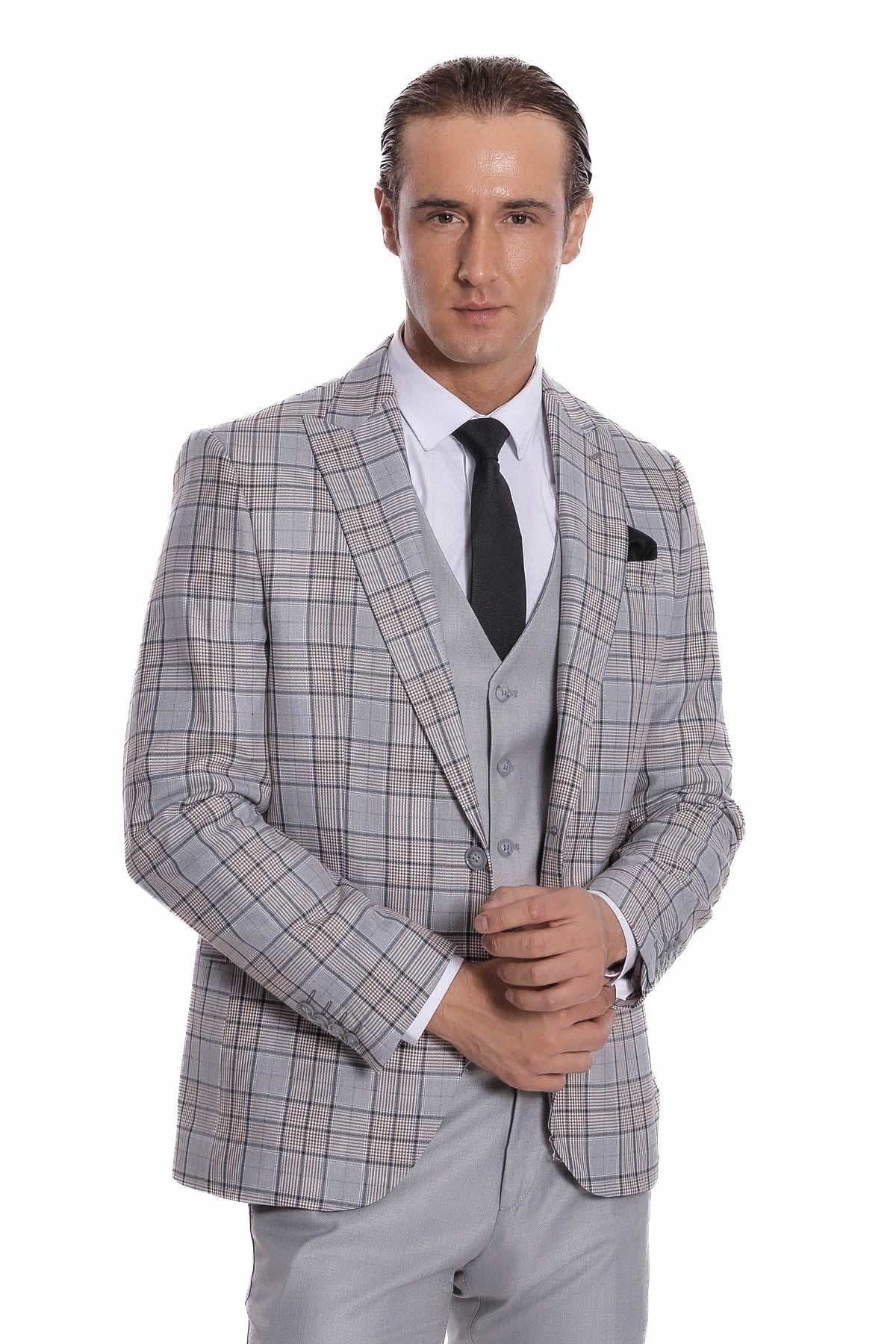 Ekose Ceketli Slim Fit Açık Gri Erkek Takım Elbise - Wessi