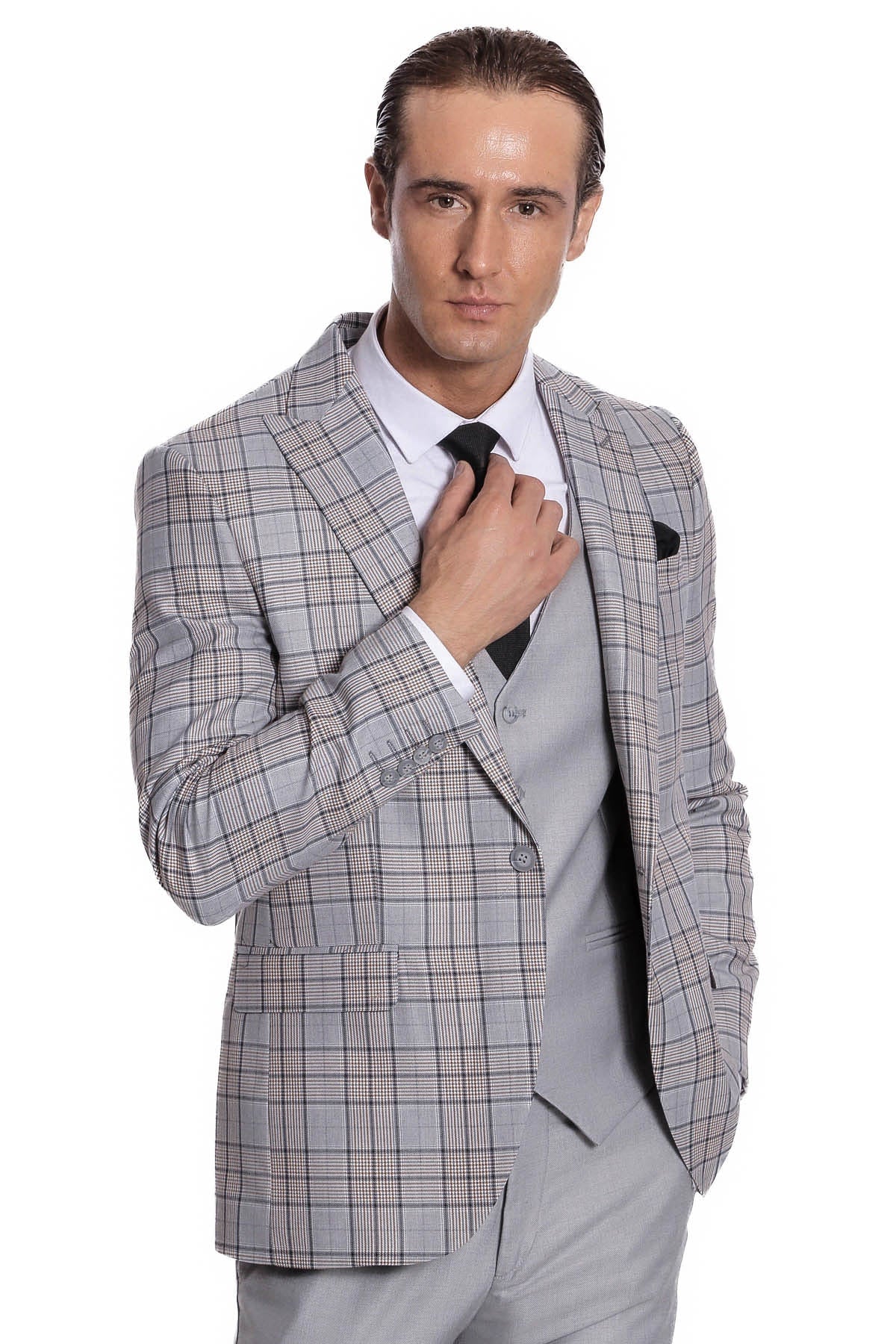 Ekose Ceketli Slim Fit Açık Gri Erkek Takım Elbise - Wessi