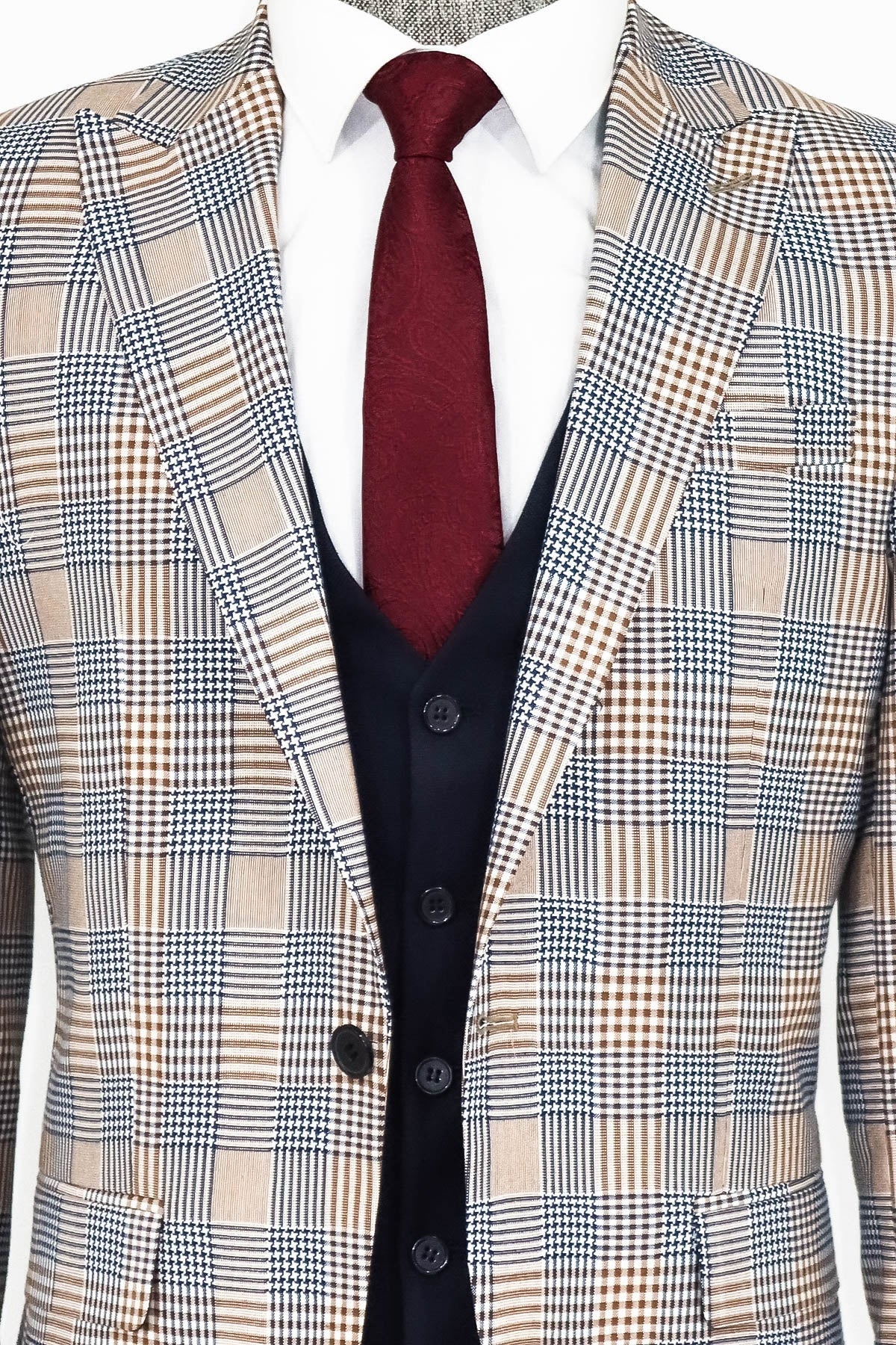 Kahverengi Ekose Ceketli Slim Fit Lacivert Erkek Takım Elbise - Wessi