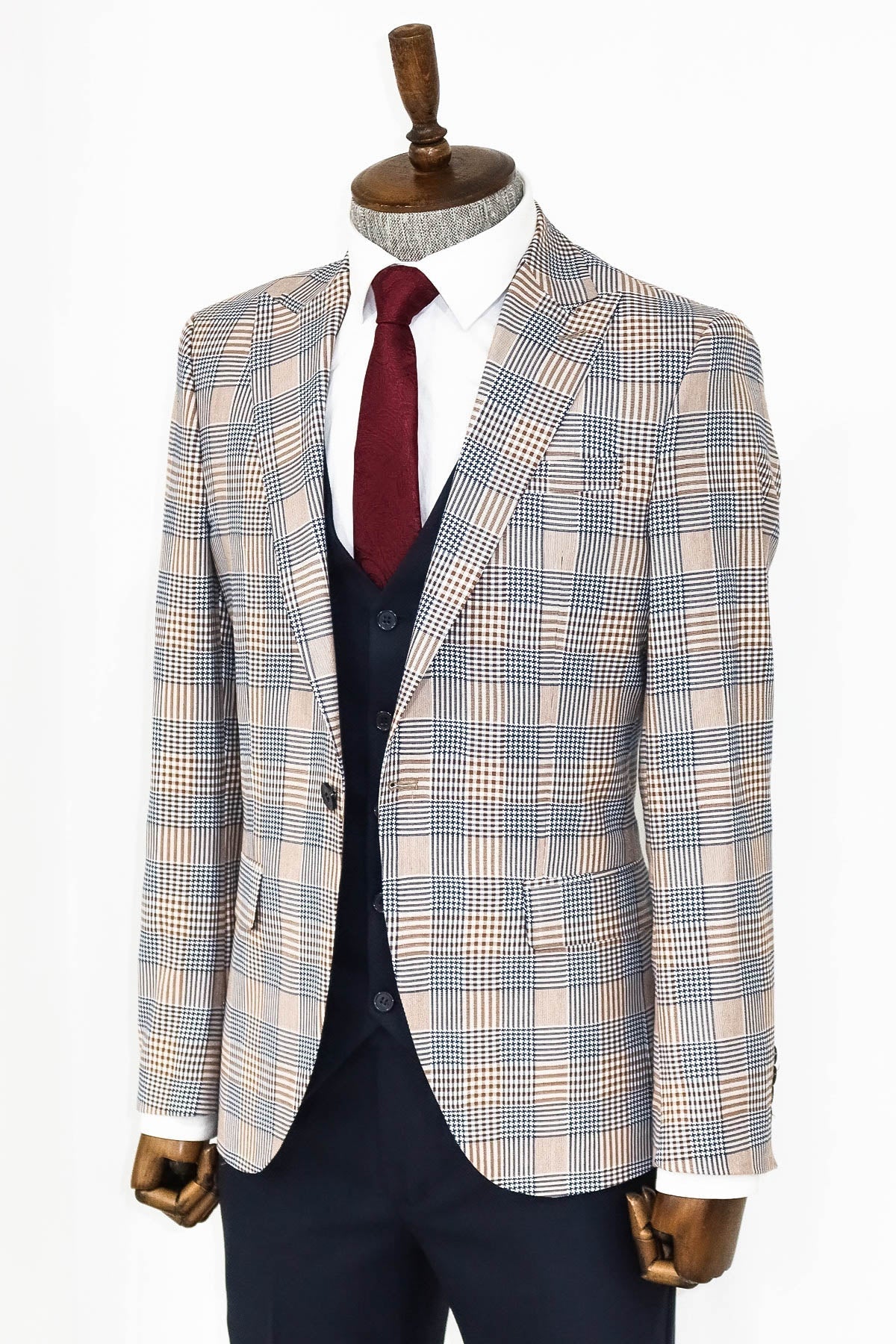 Kahverengi Ekose Ceketli Slim Fit Lacivert Erkek Takım Elbise - Wessi