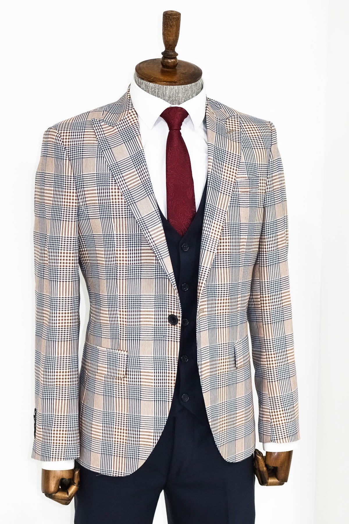 Kahverengi Ekose Ceketli Slim Fit Lacivert Erkek Takım Elbise - Wessi